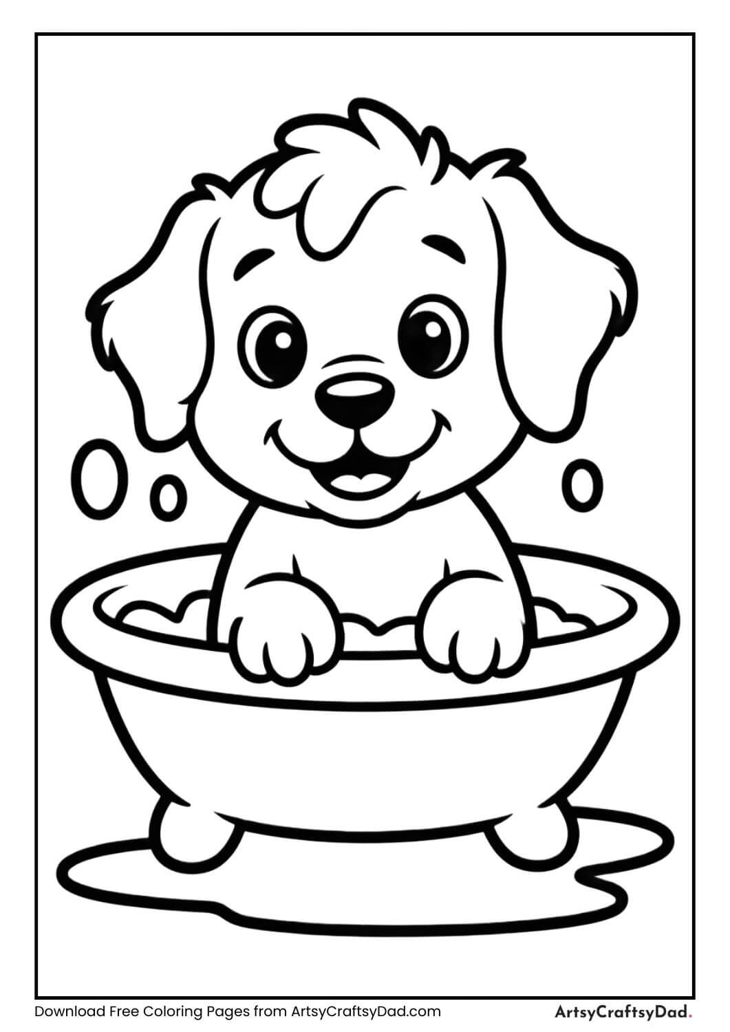 Puppy taking bath coloring page for kids