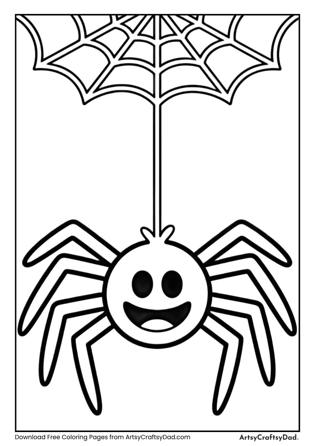 Smiling spider on web Halloween coloring page