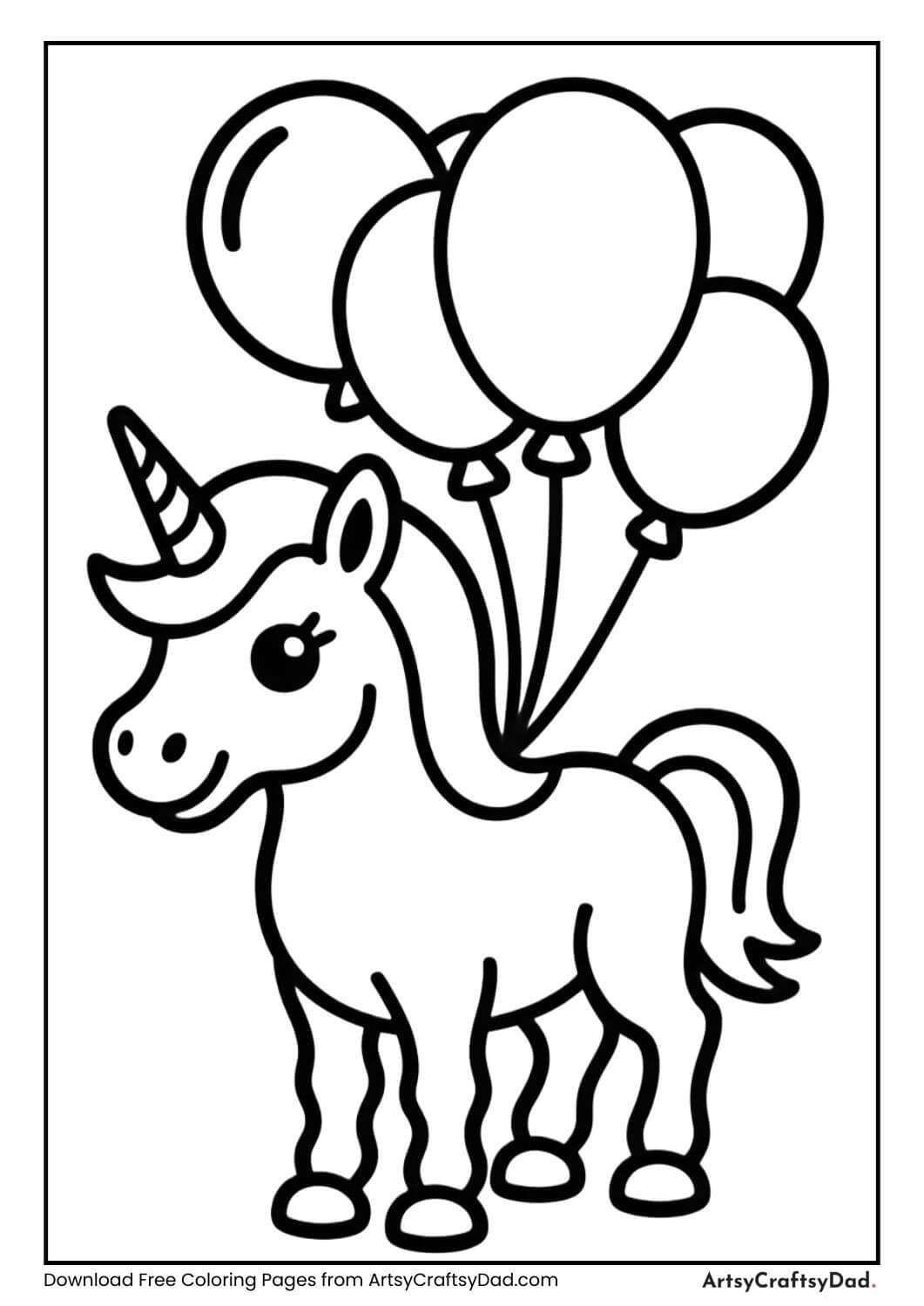 cute unicorn holding balloons coloring page