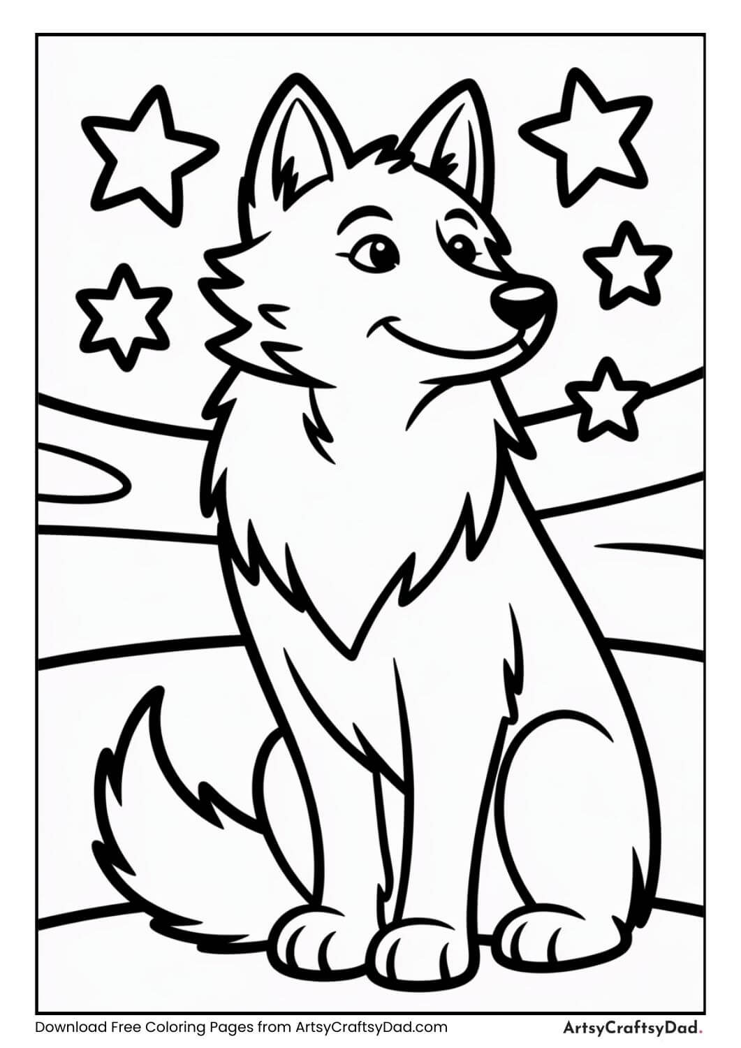Wolf looking at stars black and white coloring page