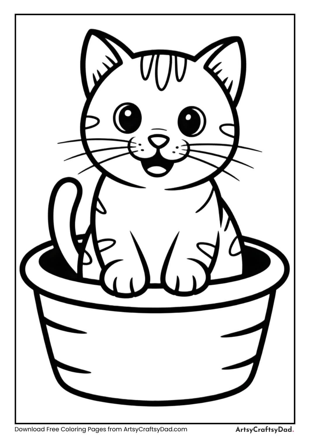 Smiling cat sitting in basket coloring page