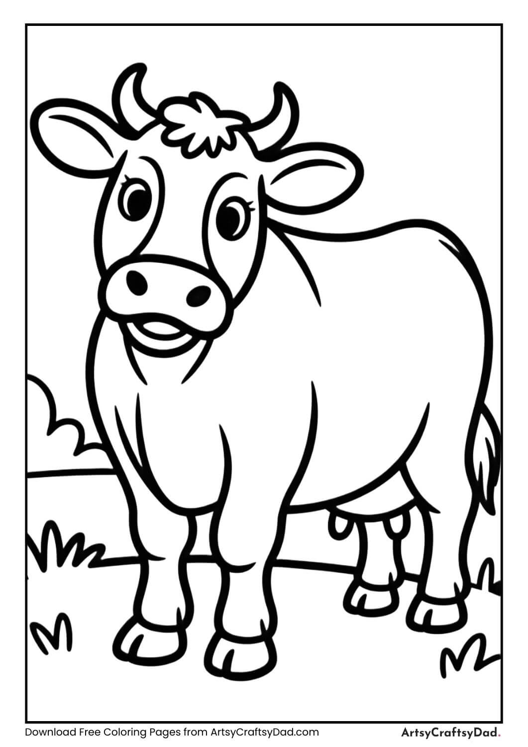 Friendly cow black and white coloring page