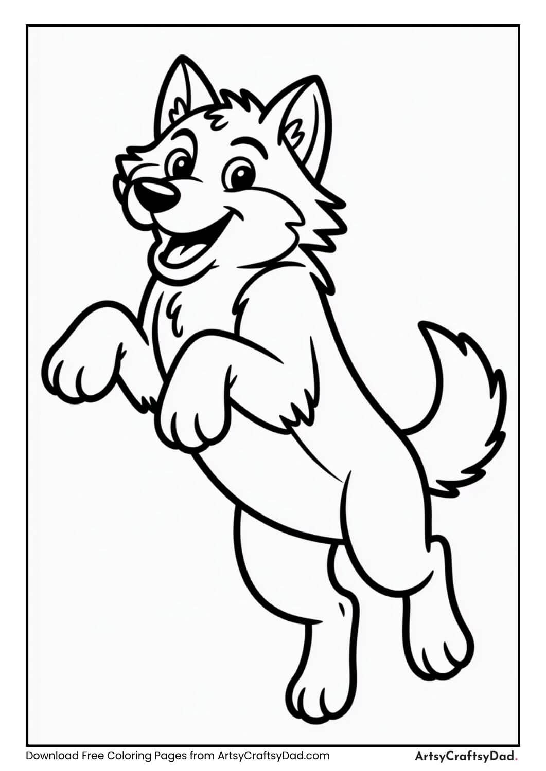 Jumping wolf black and white coloring page