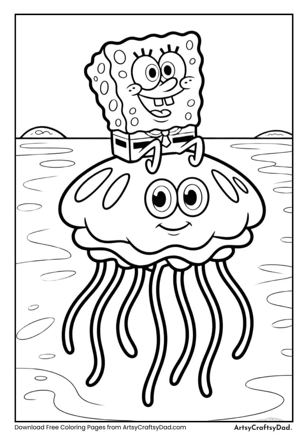SpongeBob riding a jellyfish underwater