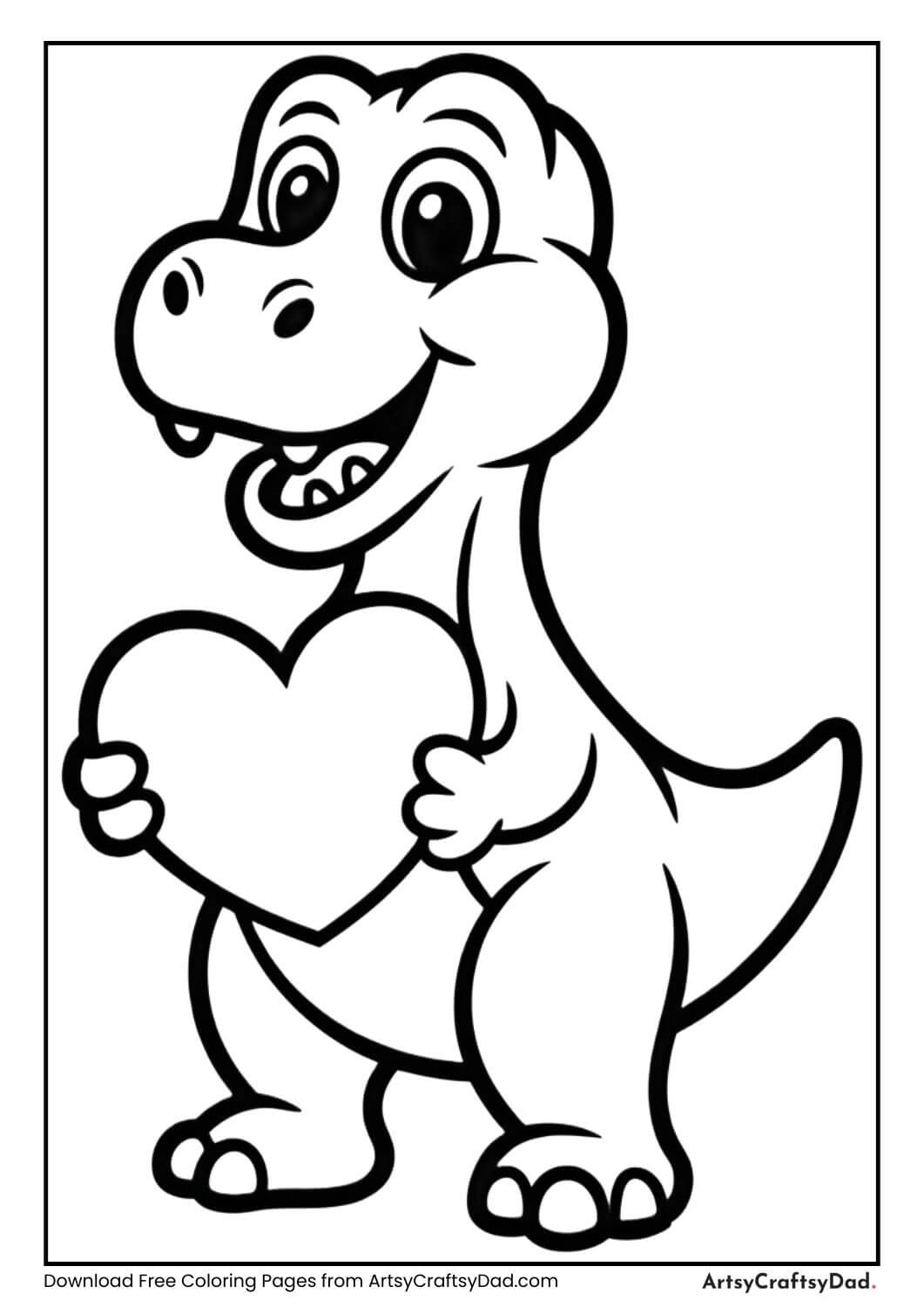 Cute dinosaur holding heart coloring page