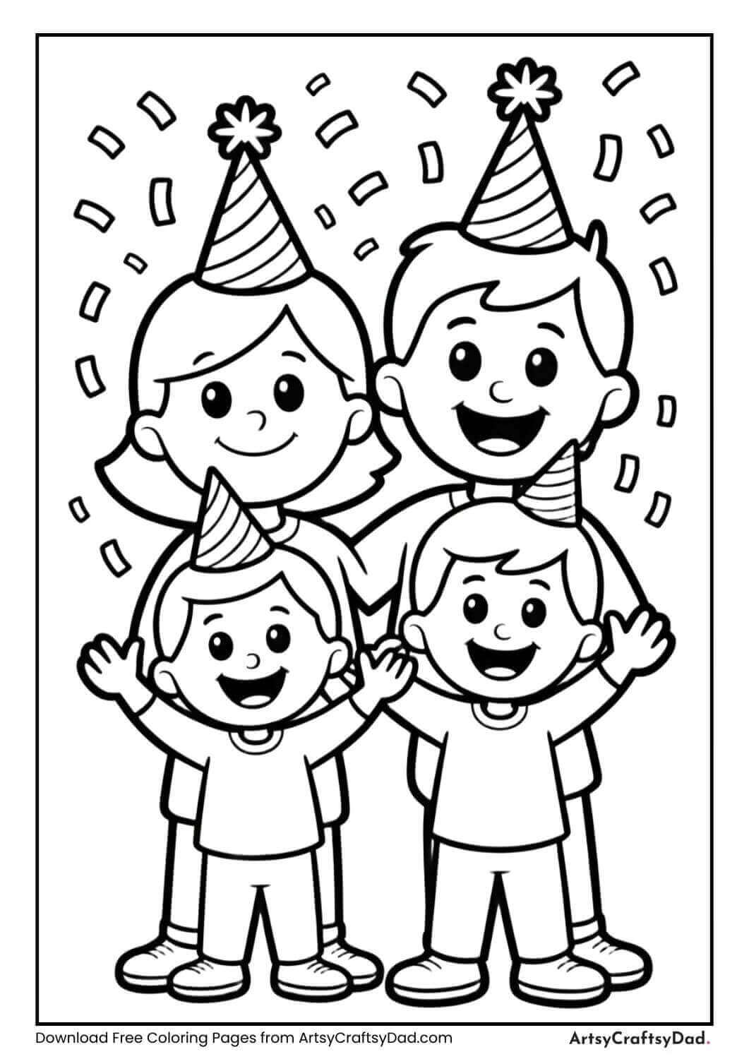 Family celebrating New Year coloring page