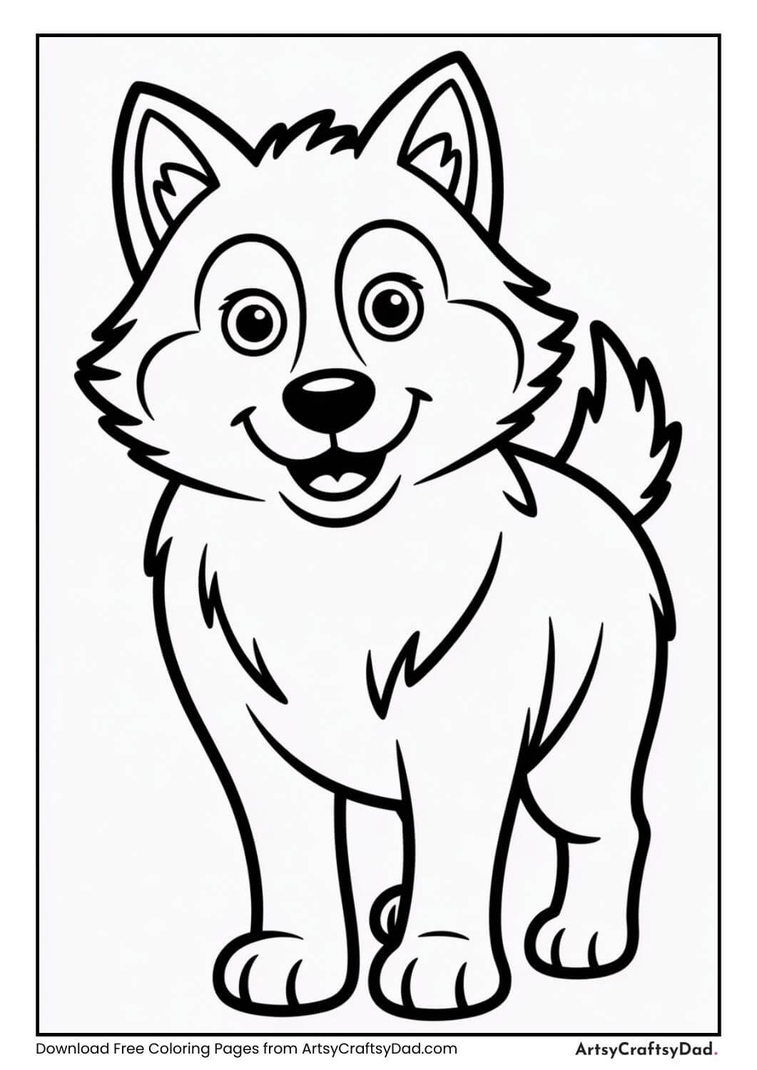 Friendly wolf face black and white coloring page