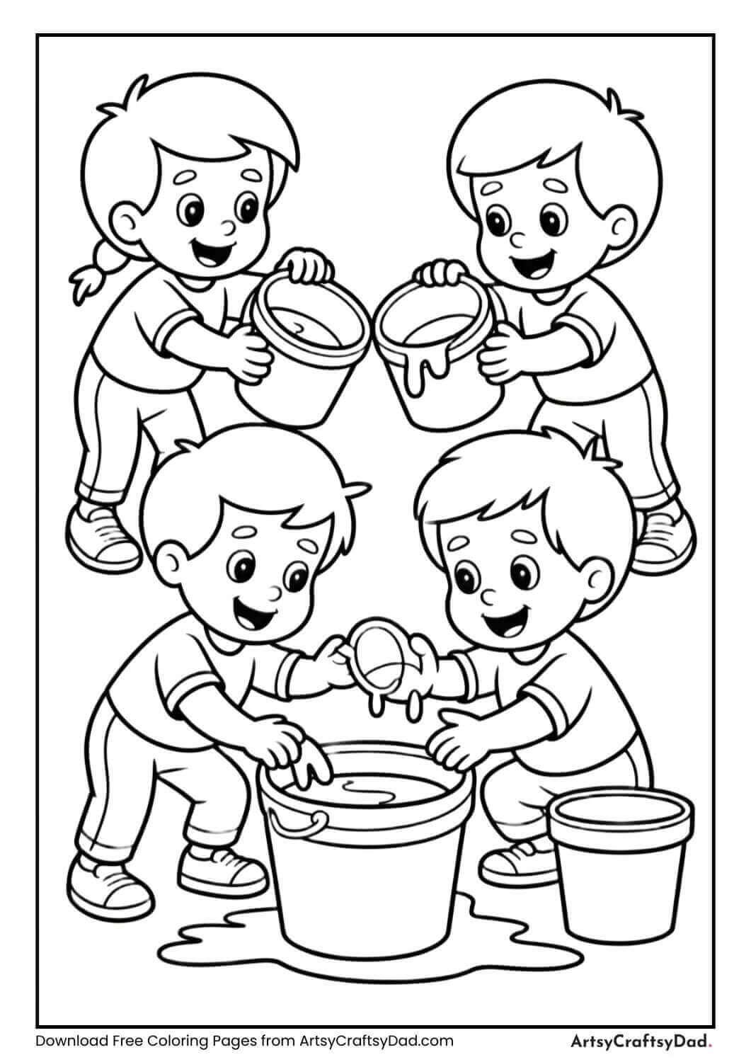 Kids with color buckets and splashes Holi coloring page