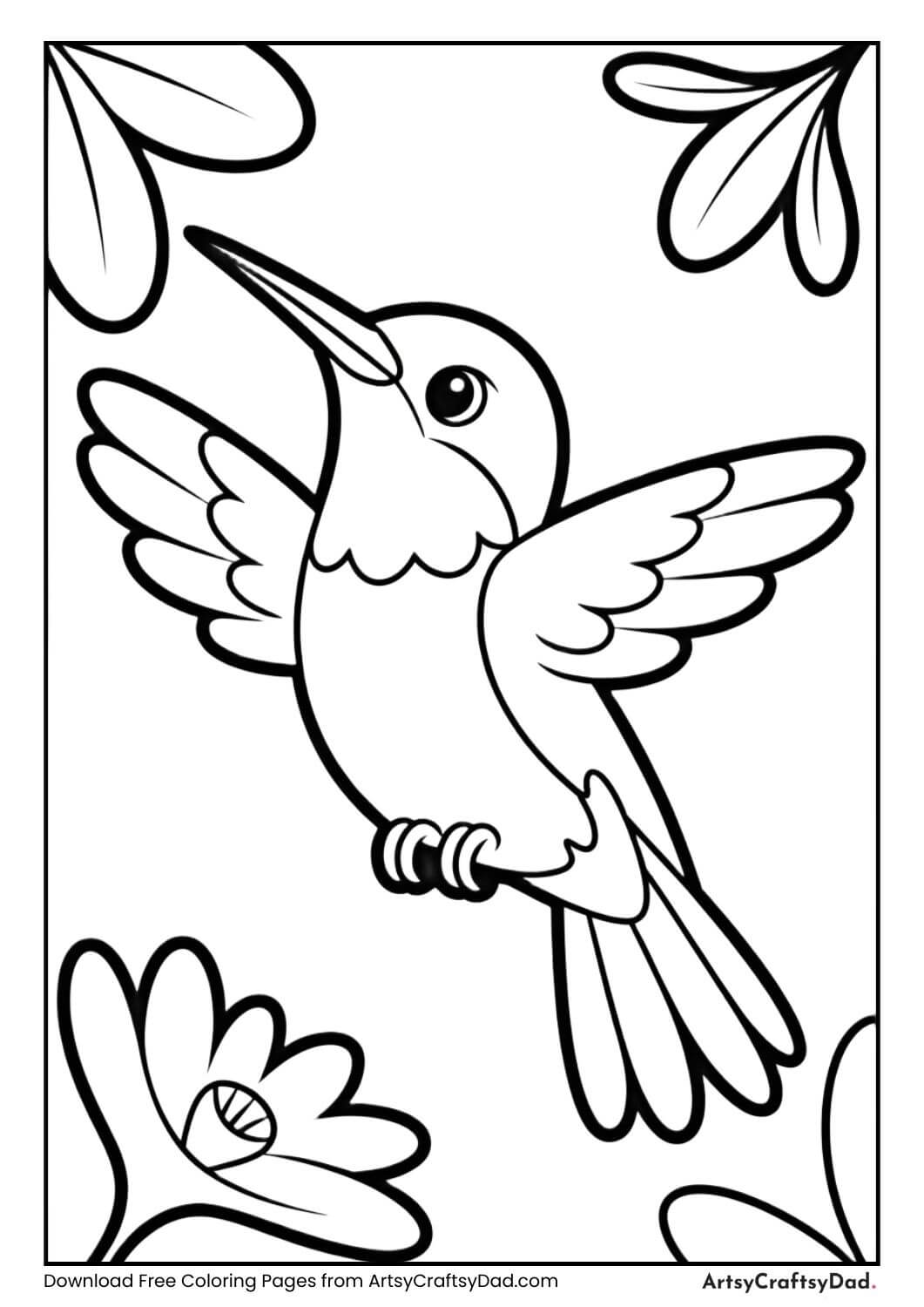 Hummingbird near flower black and white coloring page