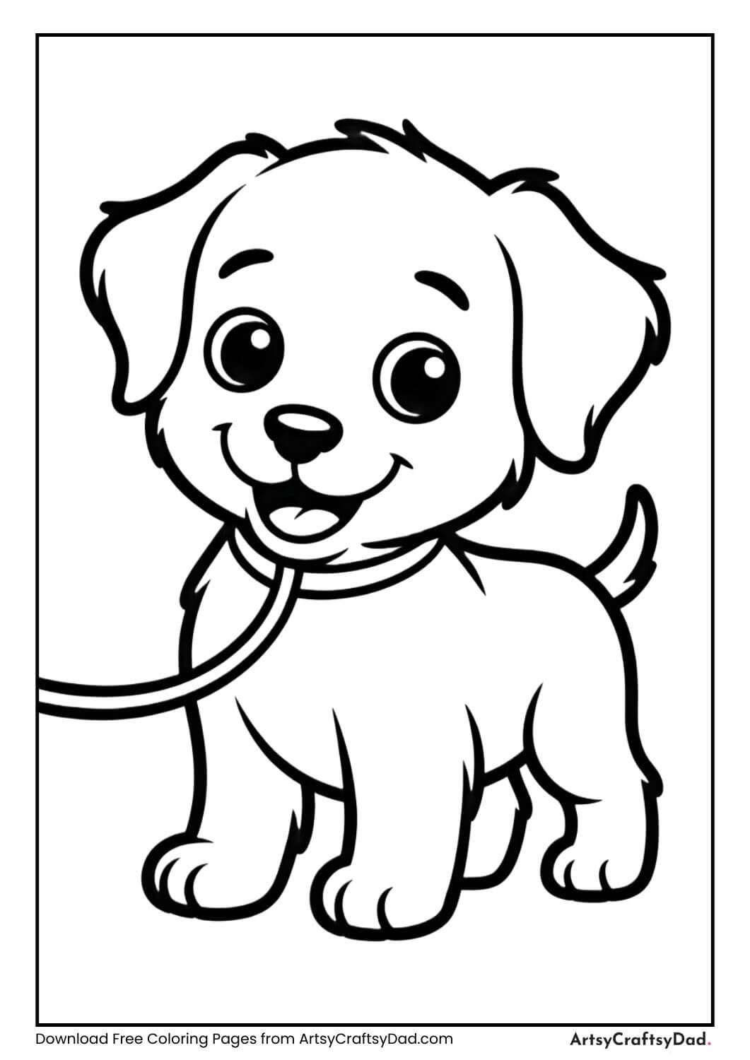 Puppy on leash black and white coloring page