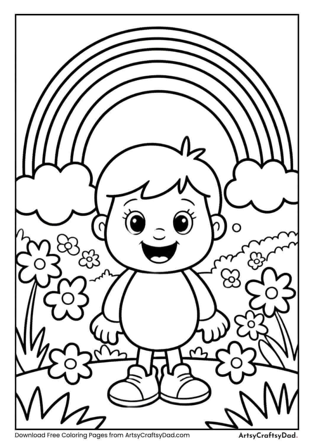Rainbow over spring flowers coloring page