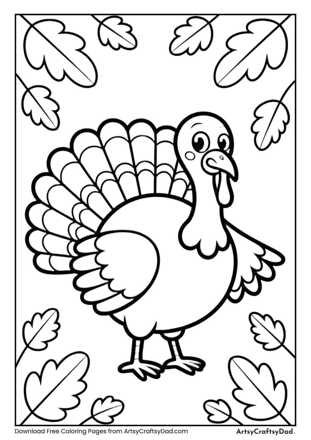 Turkey surrounded by autumn leaves coloring page