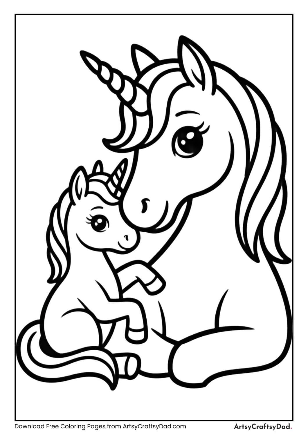 unicorn family mother and baby coloring sheet