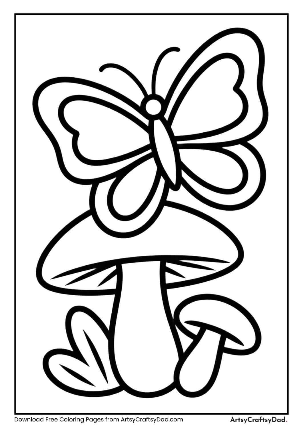 Butterfly sitting on a mushroom black and white coloring page