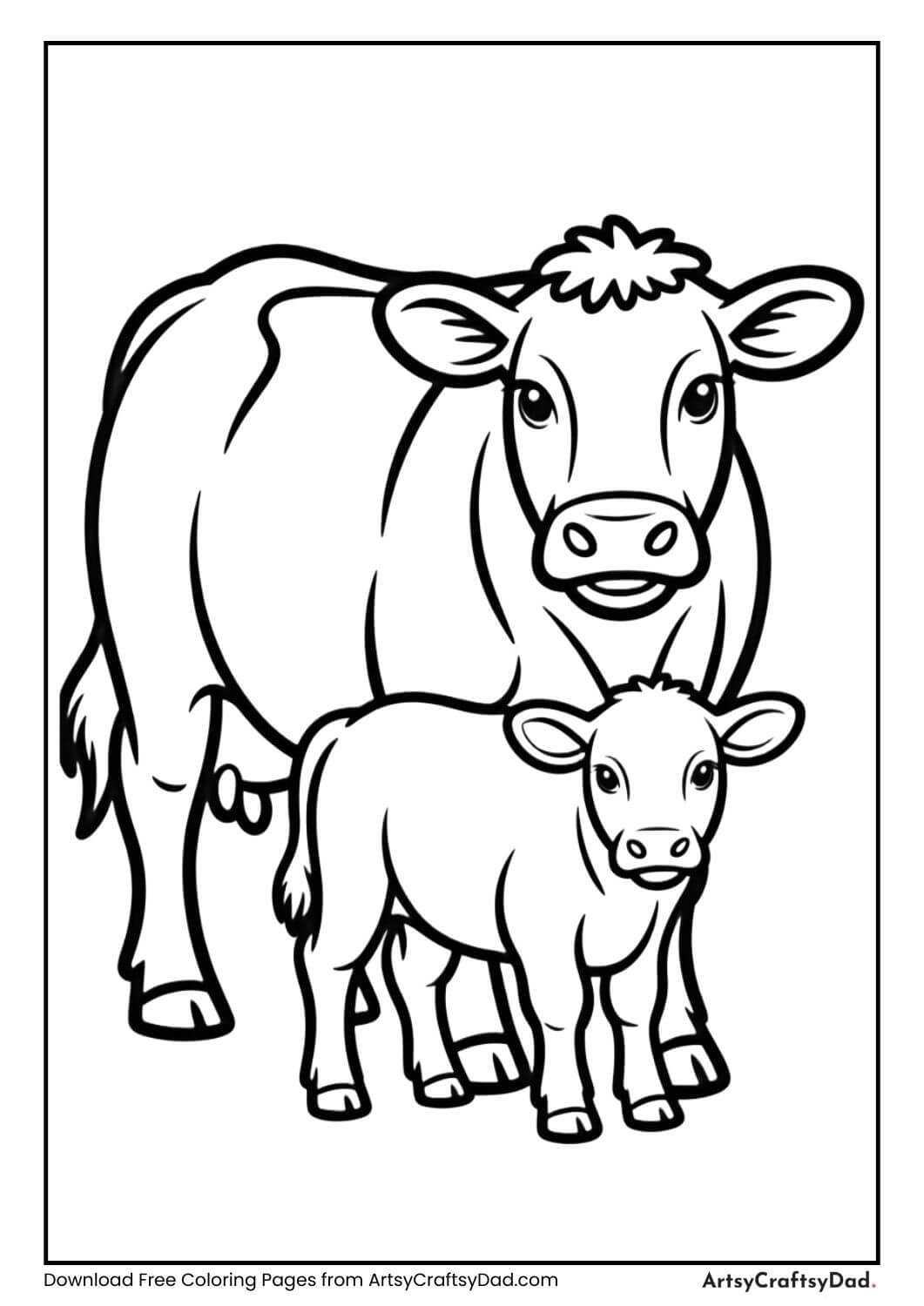 Cow with calf black and white coloring page for kids