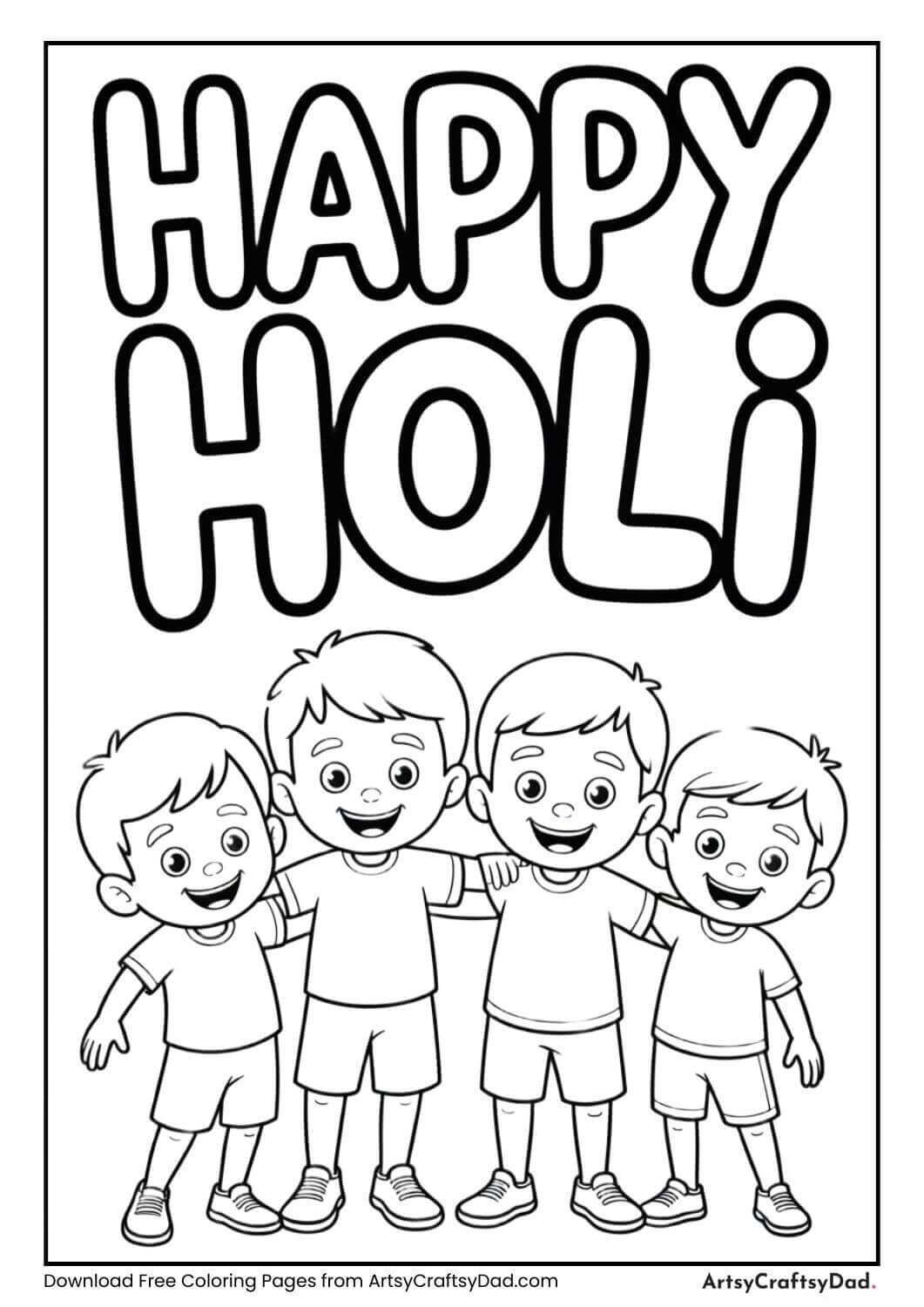 Kids holding Happy Holi banner coloring page