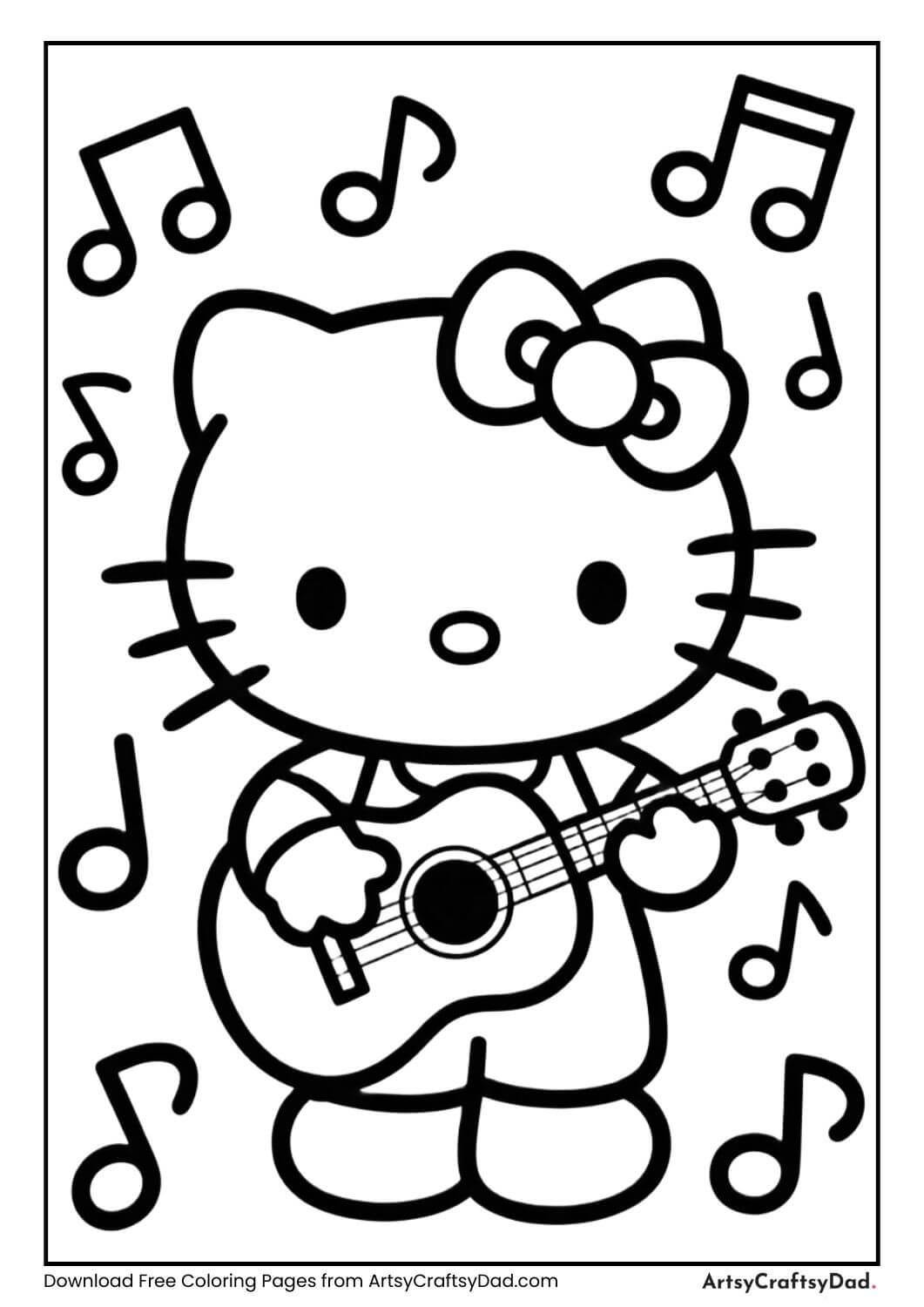 Hello Kitty playing guitar coloring page