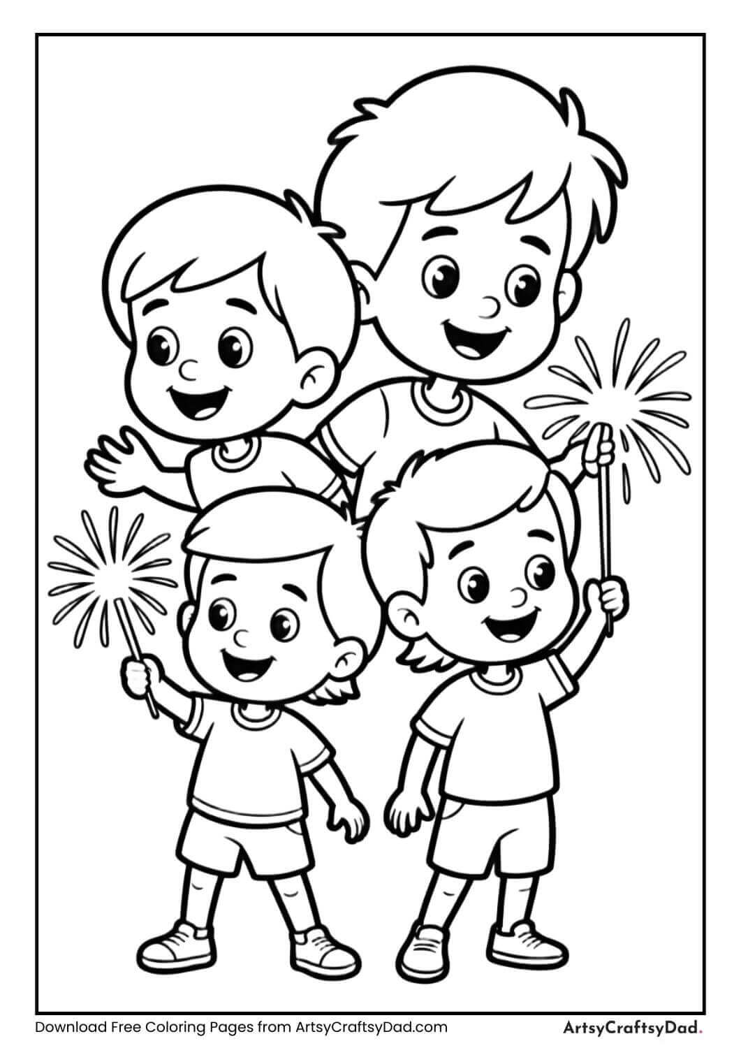 Kids holding sparklers Fourth of July coloring page