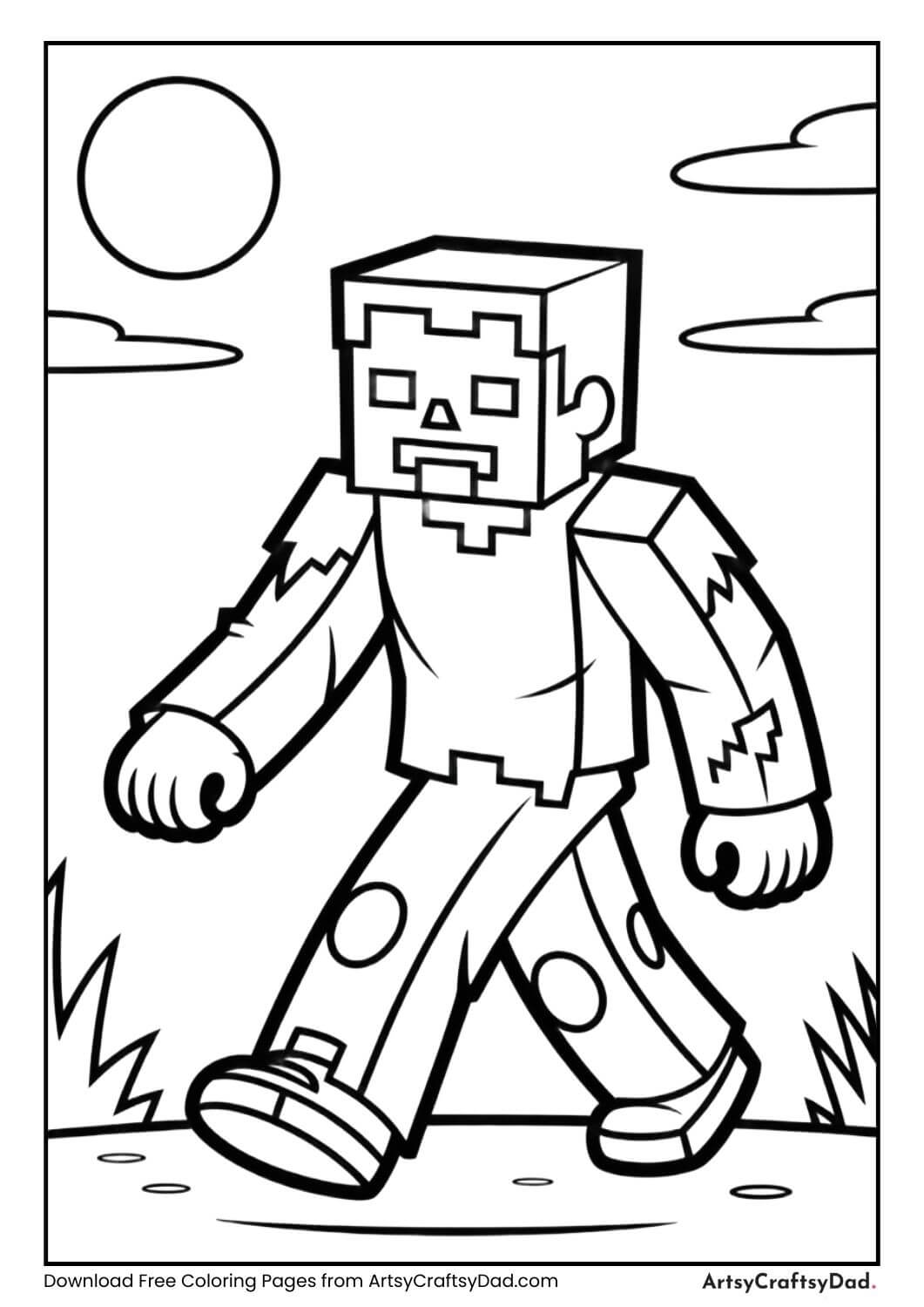 Minecraft zombie walking at night coloring page