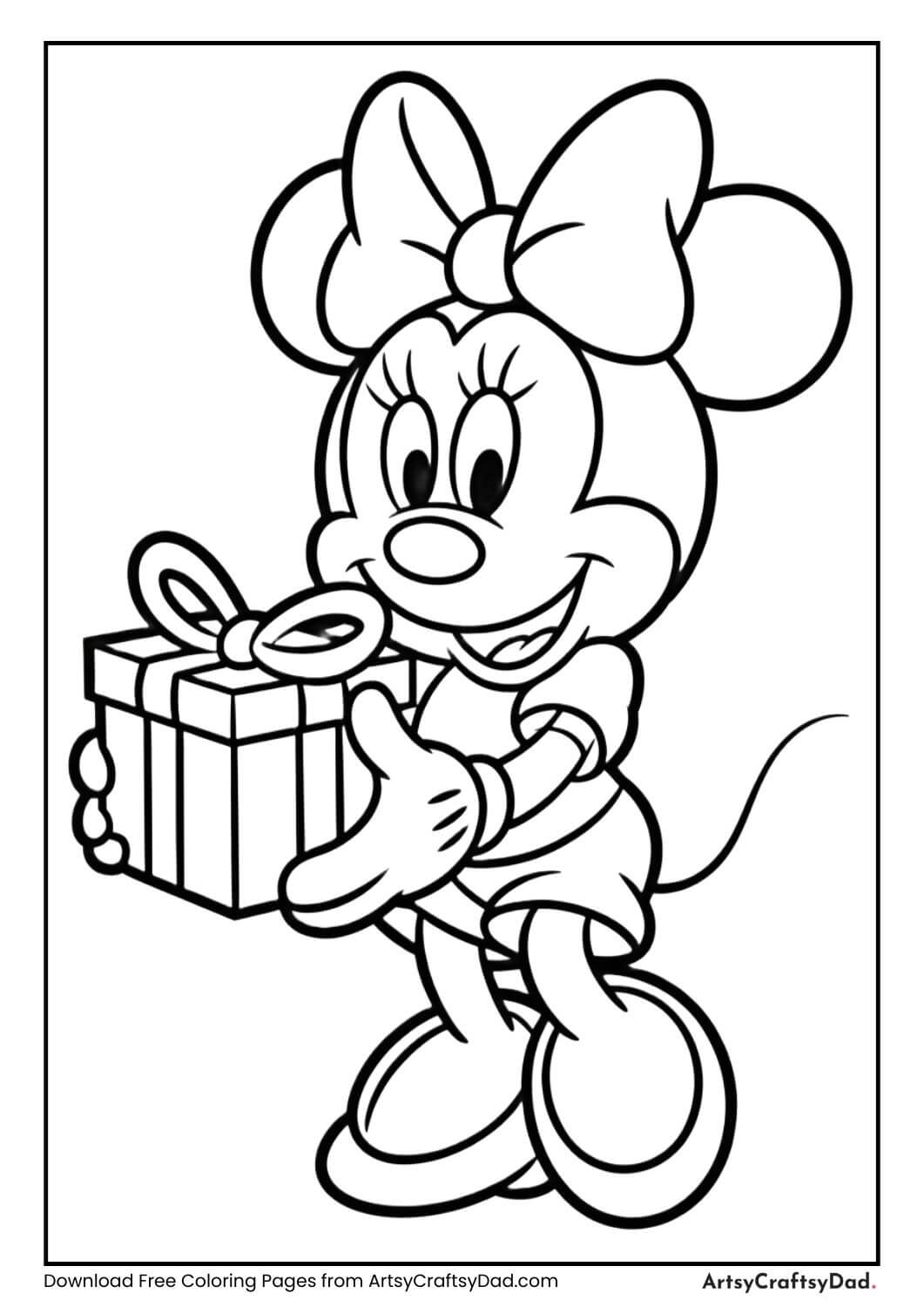Minnie Mouse holding a gift box coloring page