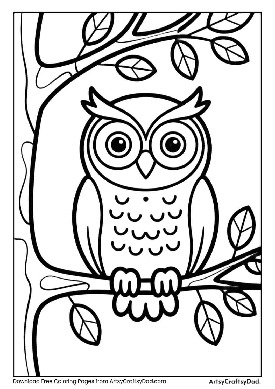 Owl sitting on tree branch with fall leaves coloring page