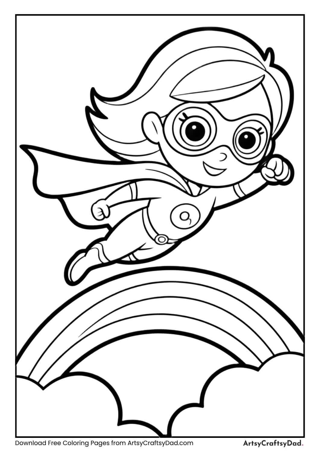 superhero girl flying over rainbow coloring sheet