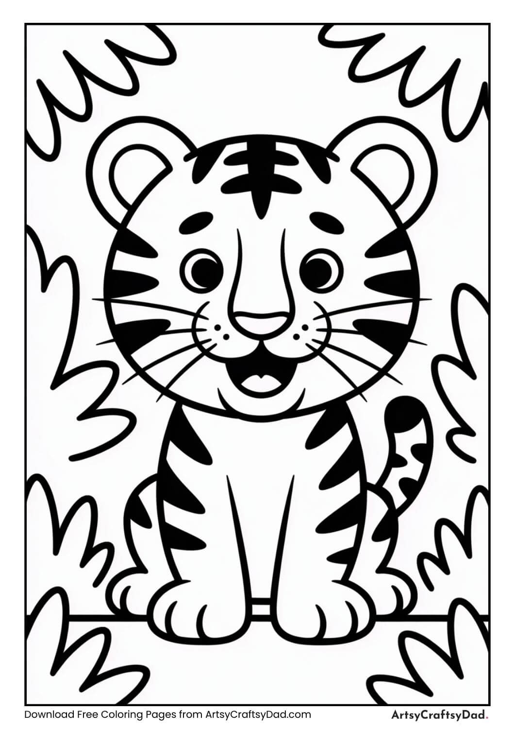 Tiger peeking from bushes coloring page