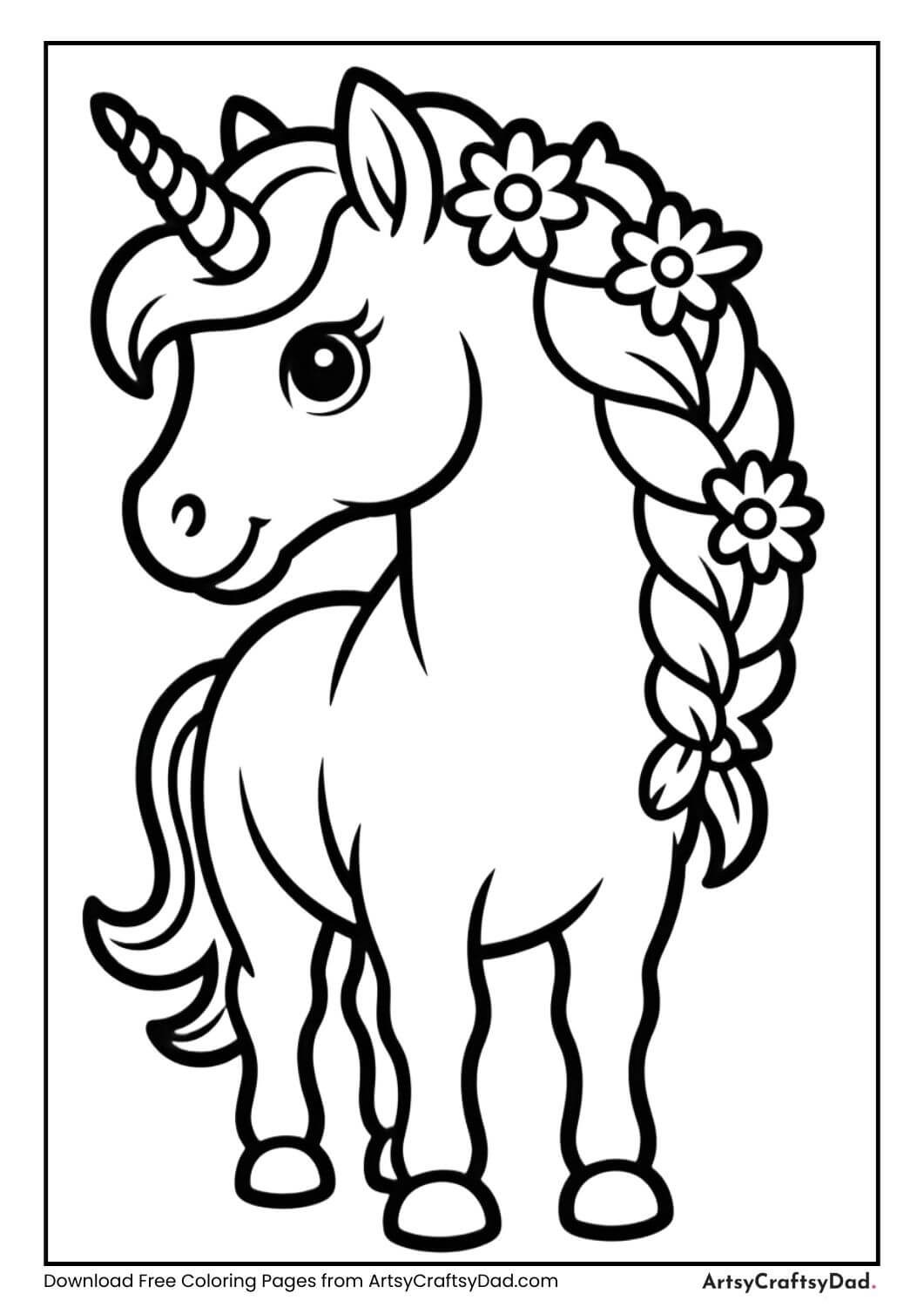 unicorn with flower mane black and white coloring page