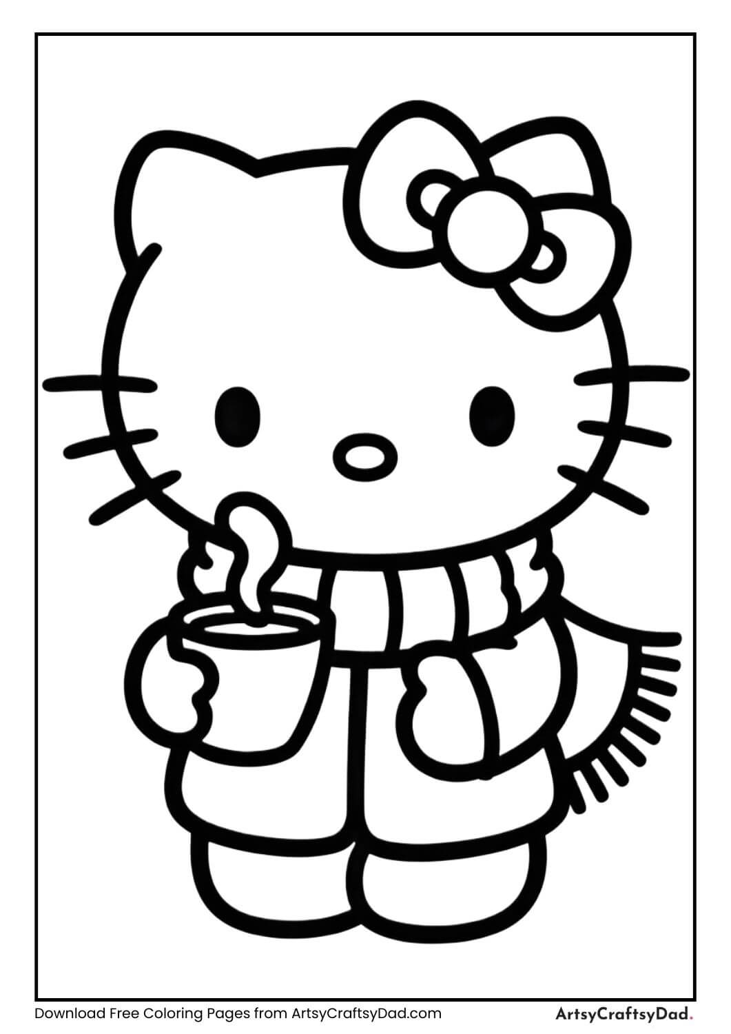Hello Kitty wearing winter coat and scarf coloring page