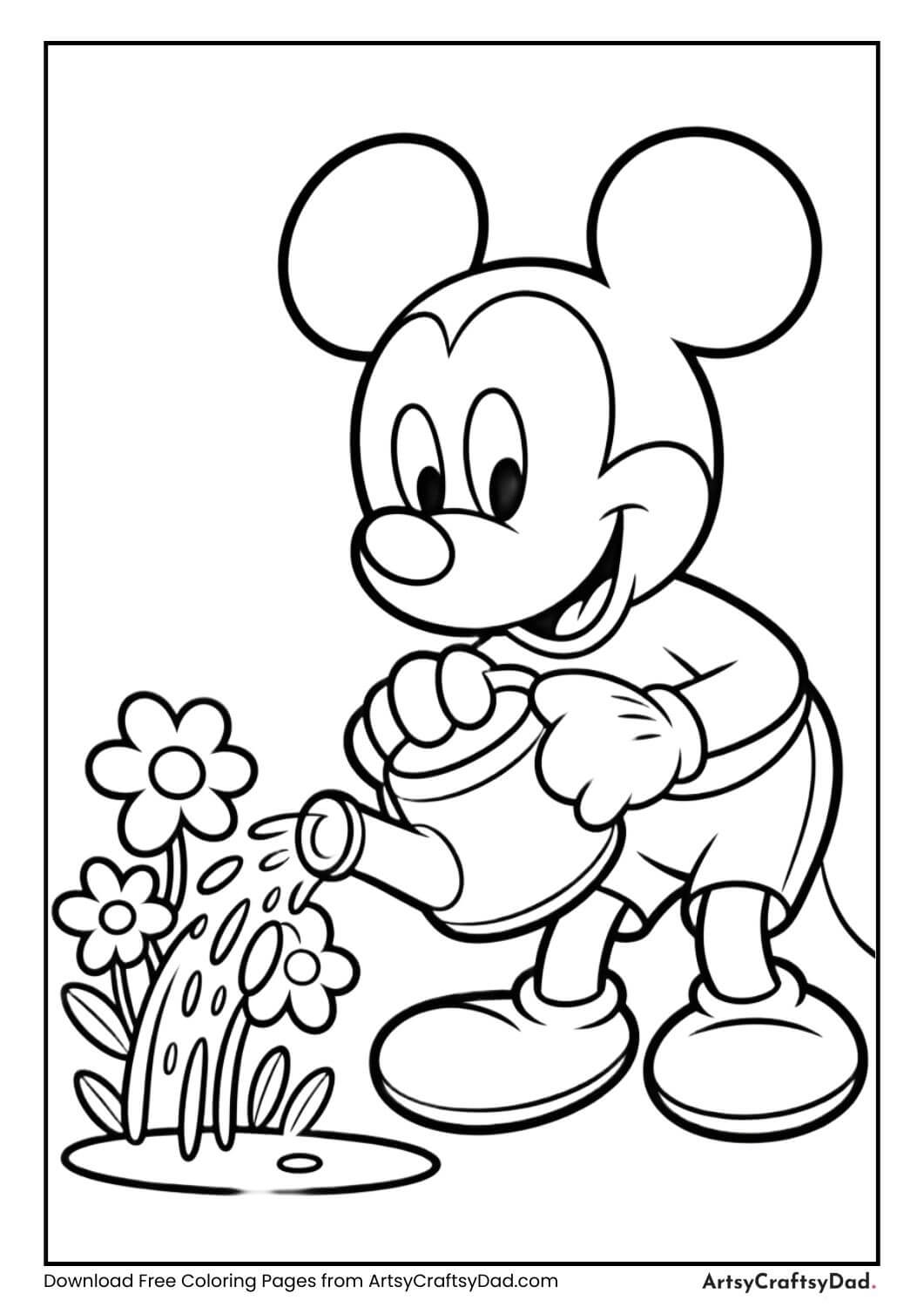 Mickey Mouse gardening coloring page for kids