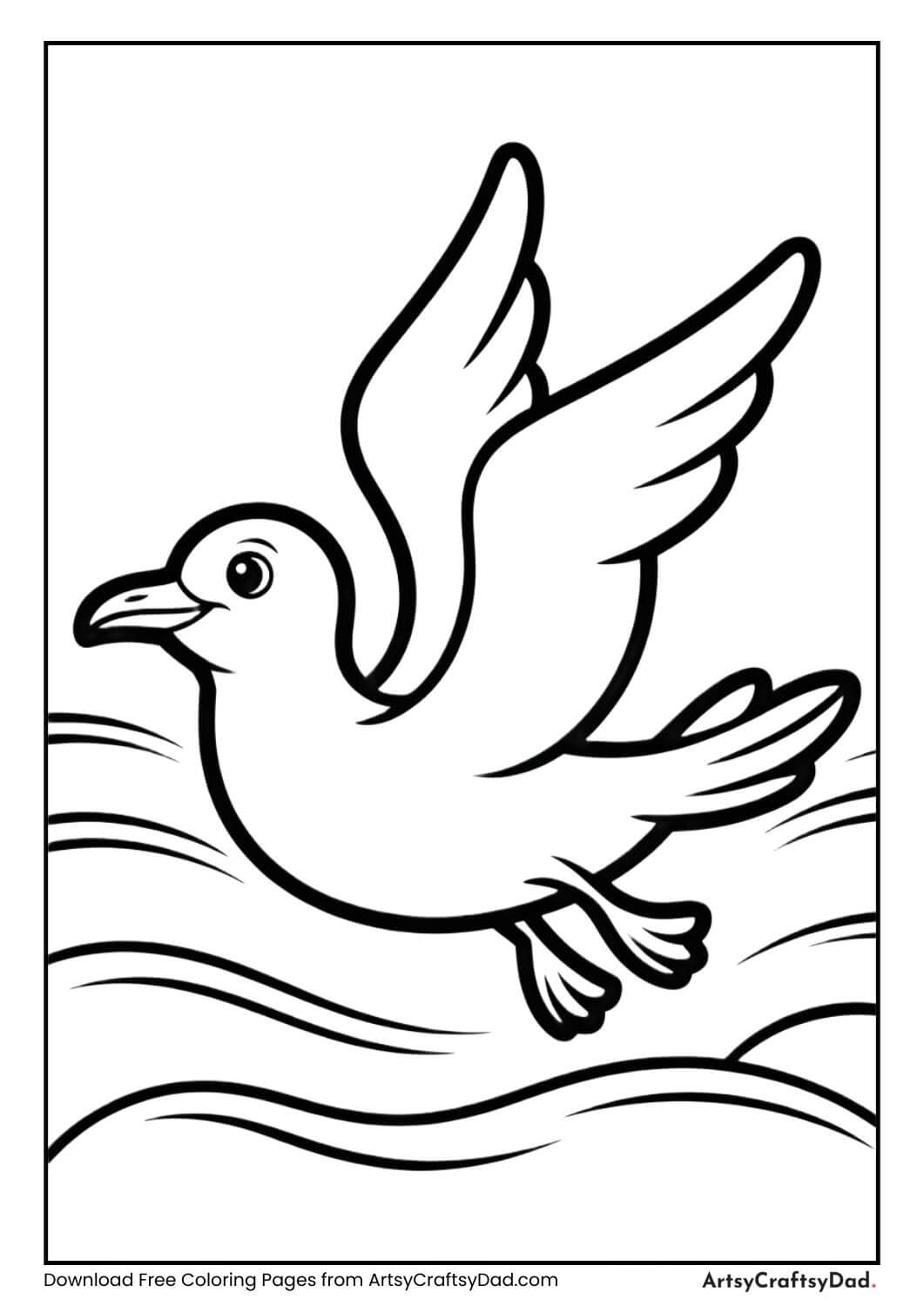 Seagull flying black and white coloring page for kids