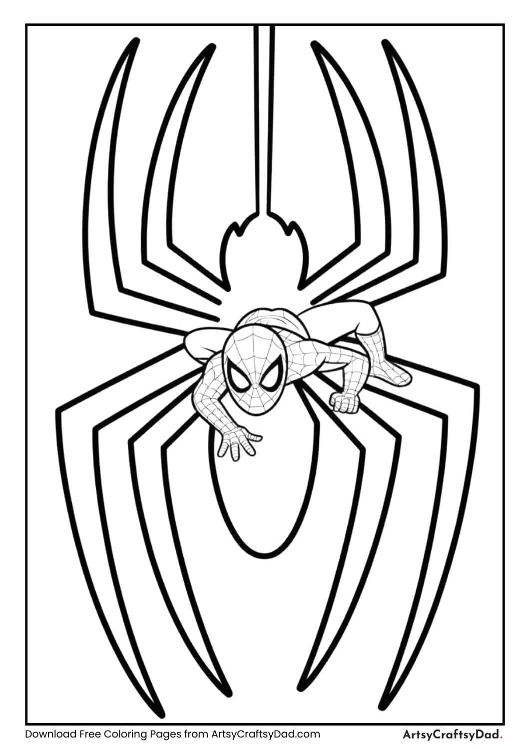 Spiderman crawling on large spider web coloring page