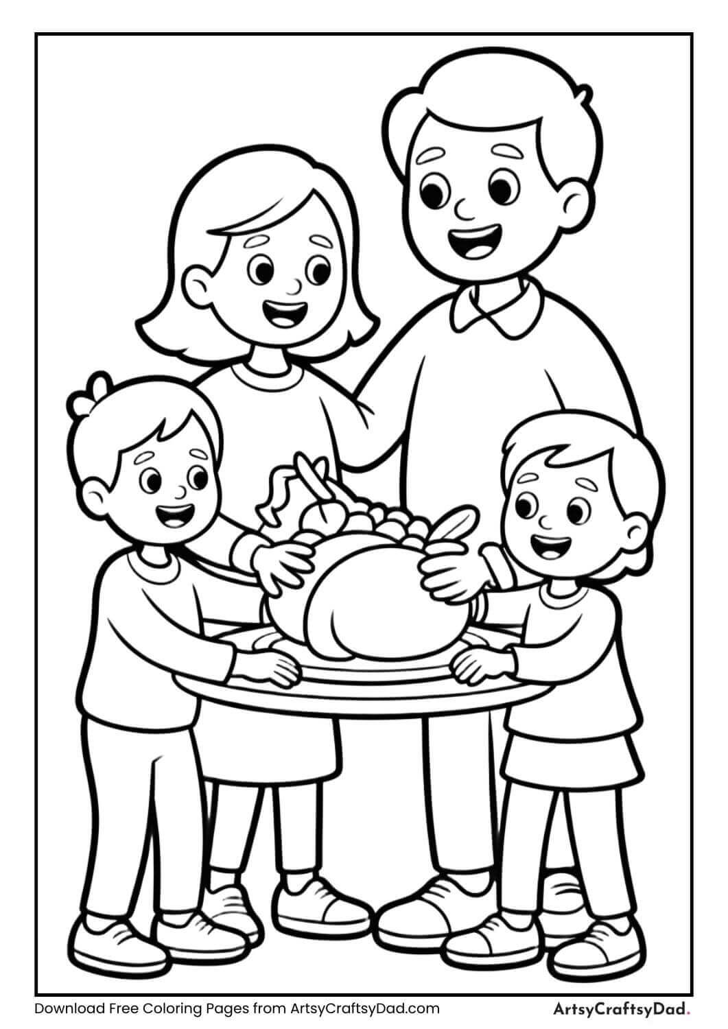 Thanksgiving family dinner coloring page for kids