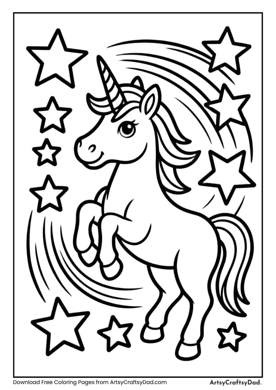 unicorn surrounded by shooting stars coloring sheet