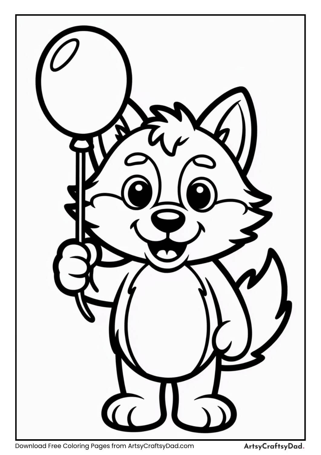Wolf holding balloon black and white coloring page