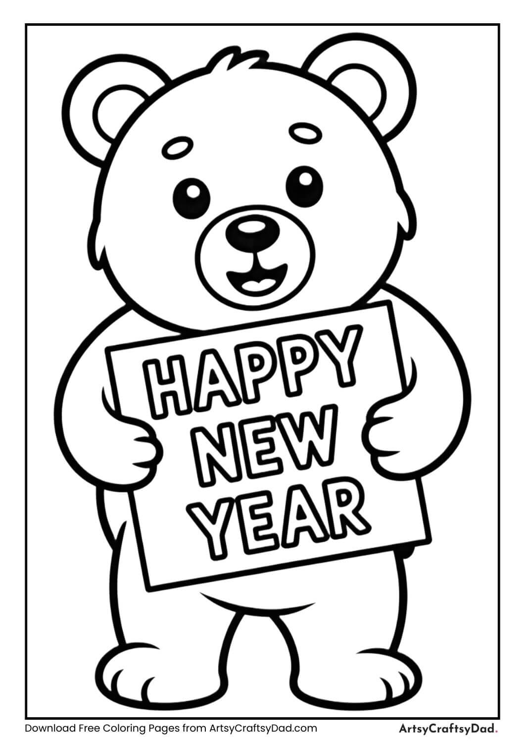 Bear holding Happy New Year sign coloring page