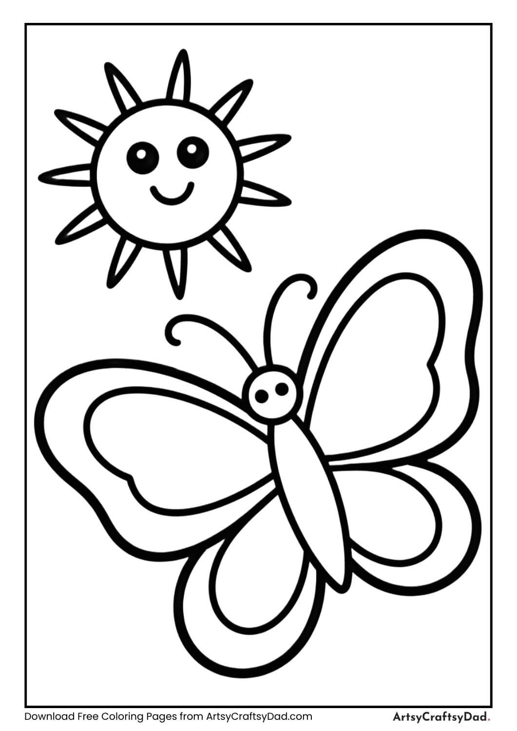 Butterfly near sun black and white coloring page for kids