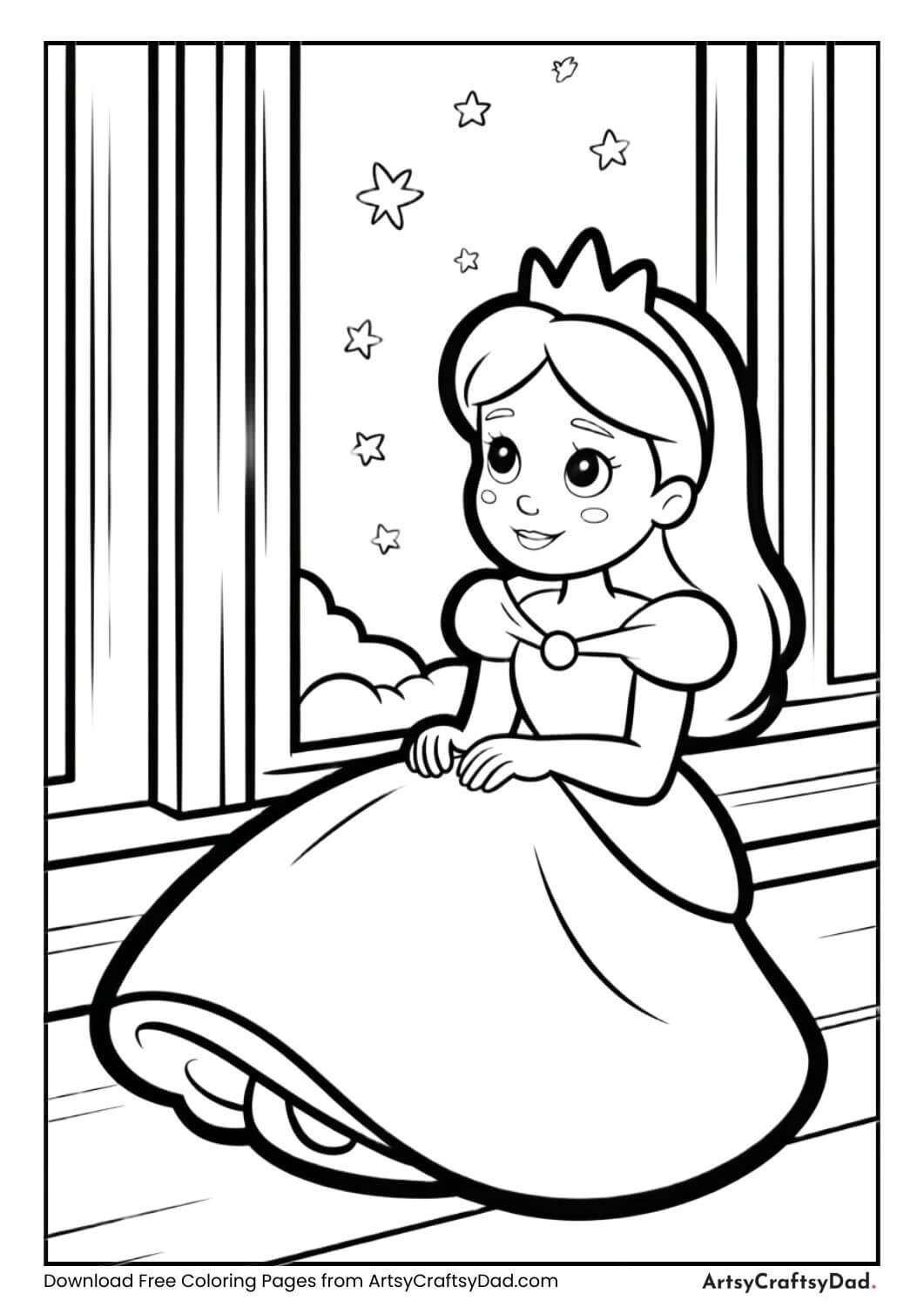 princess gazing at the night sky from the window