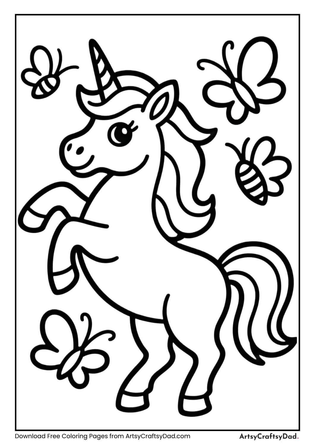 unicorn dancing with butterflies coloring sheet