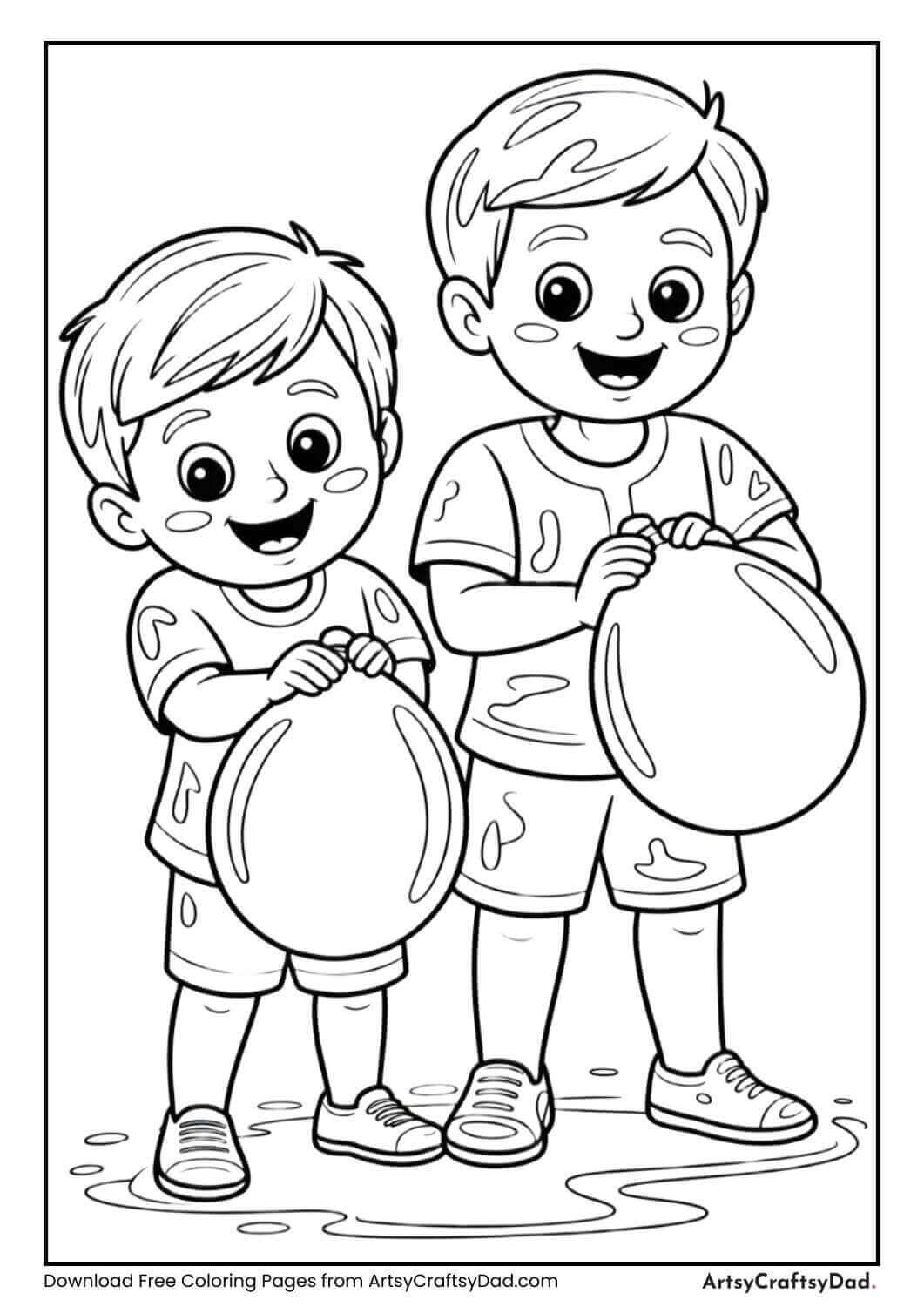 Kids playing Holi with water balloons coloring page
