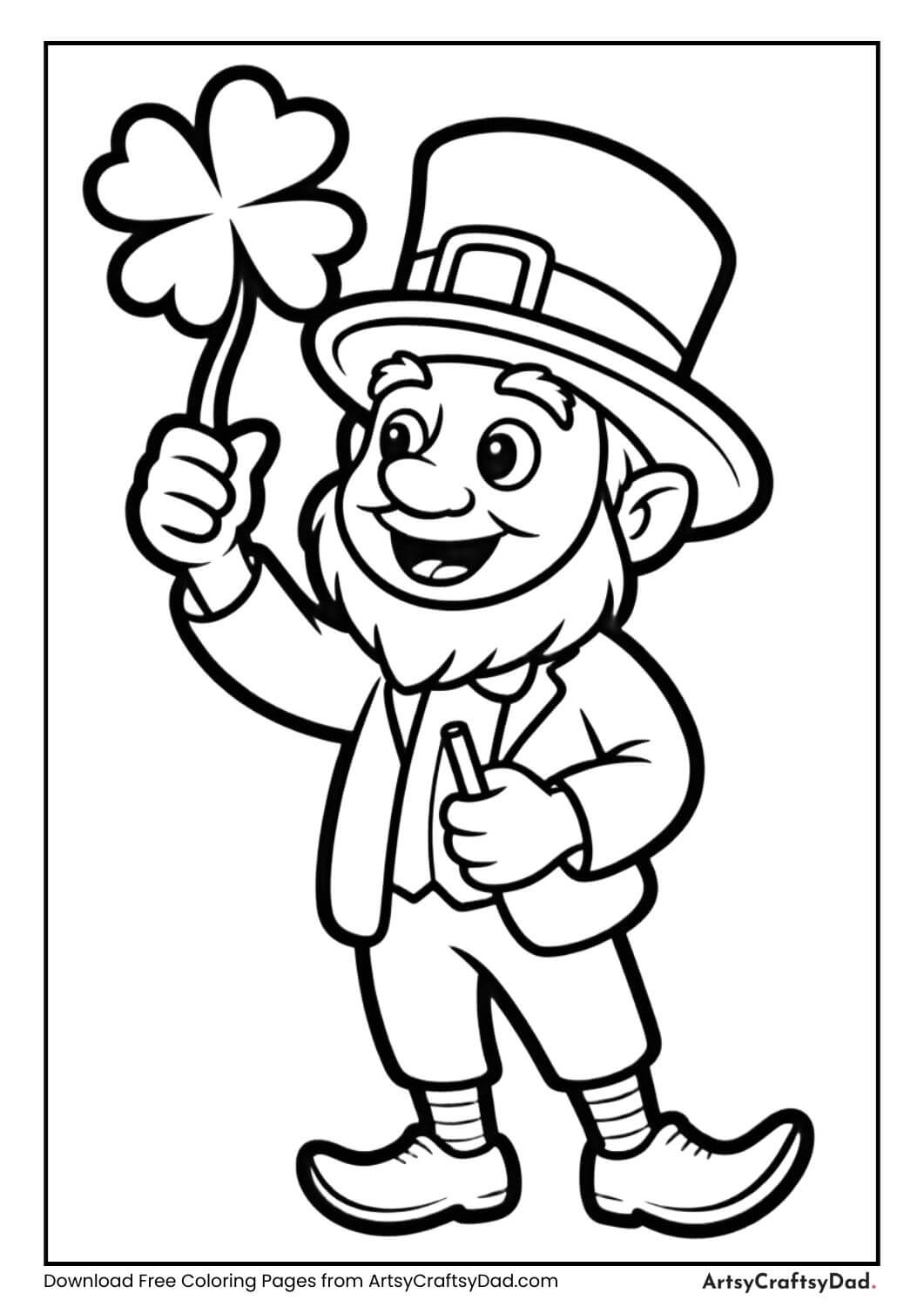 Leprechaun holding a clover coloring page