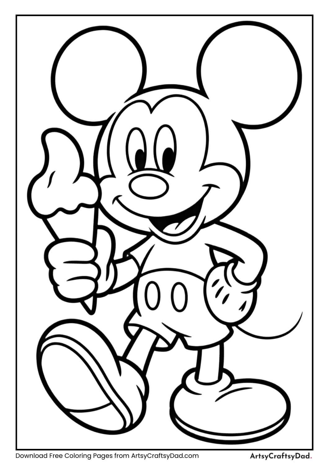 Mickey Mouse holding ice cream coloring page