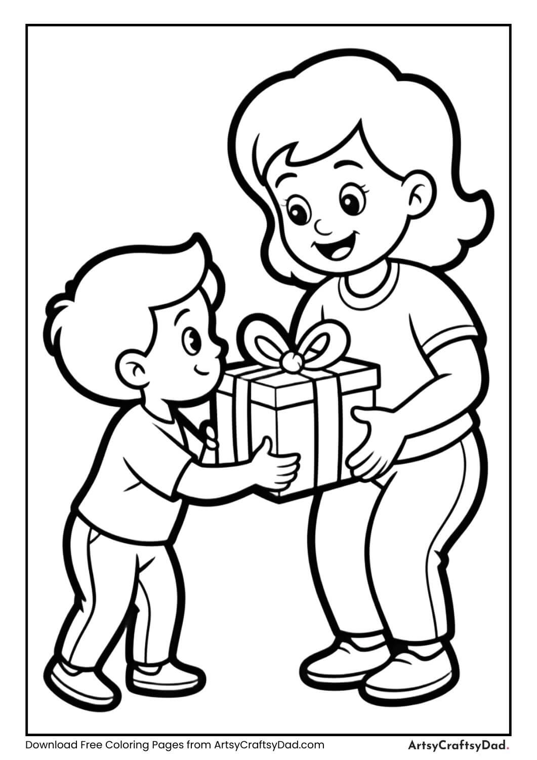 Child giving gift to mom coloring page