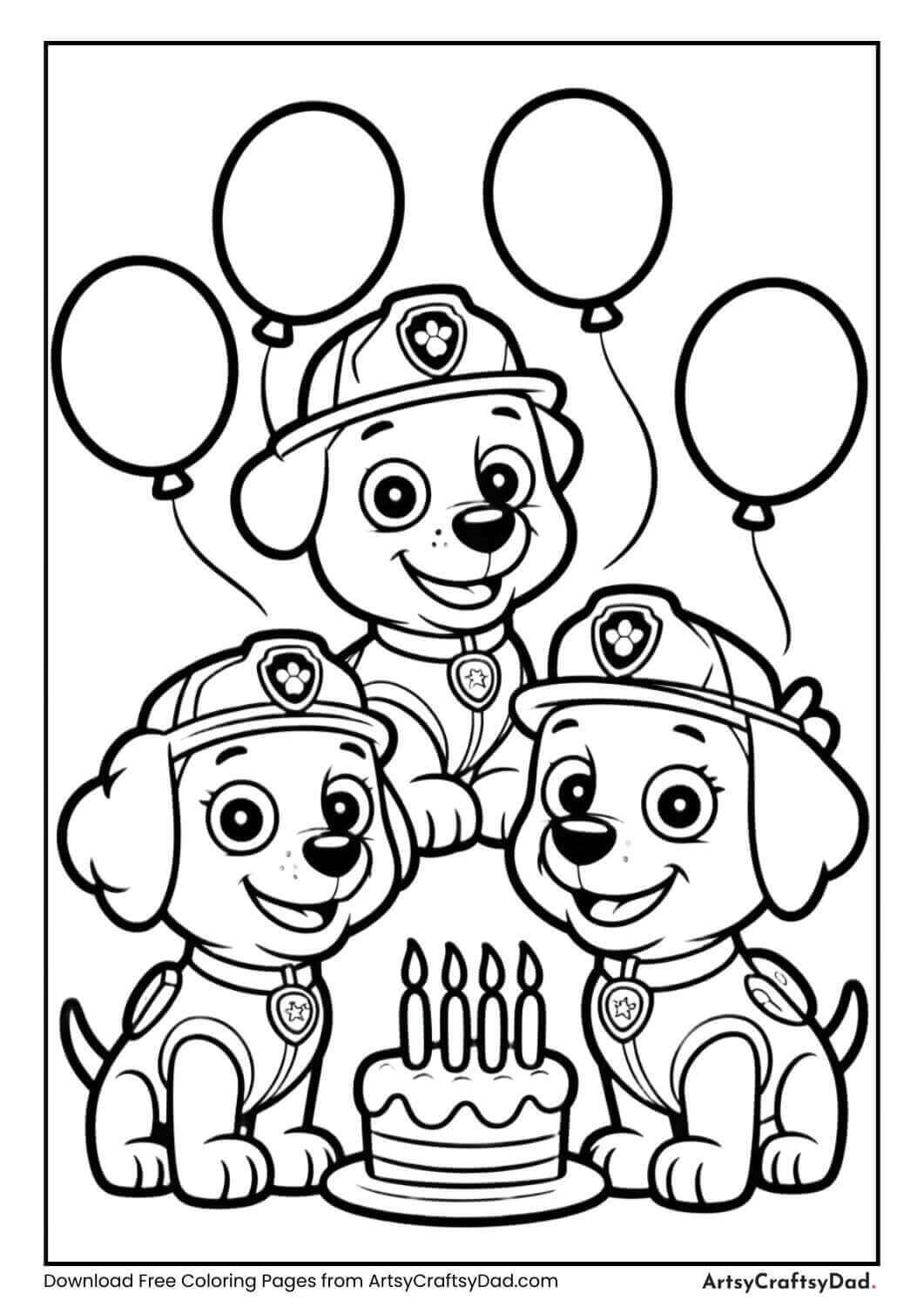 Paw Patrol pups celebrating birthday coloring page