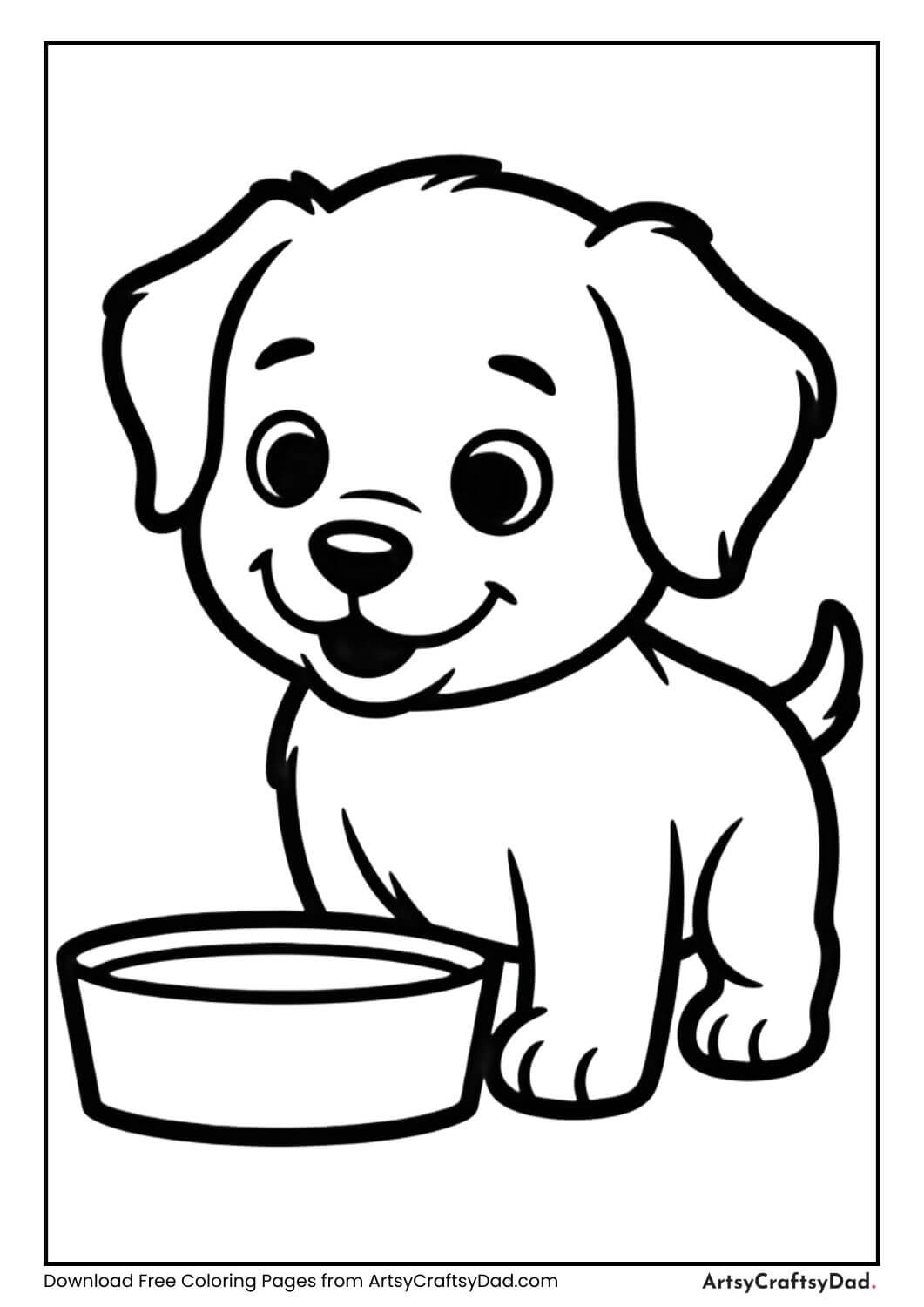 Puppy eating from bowl coloring page