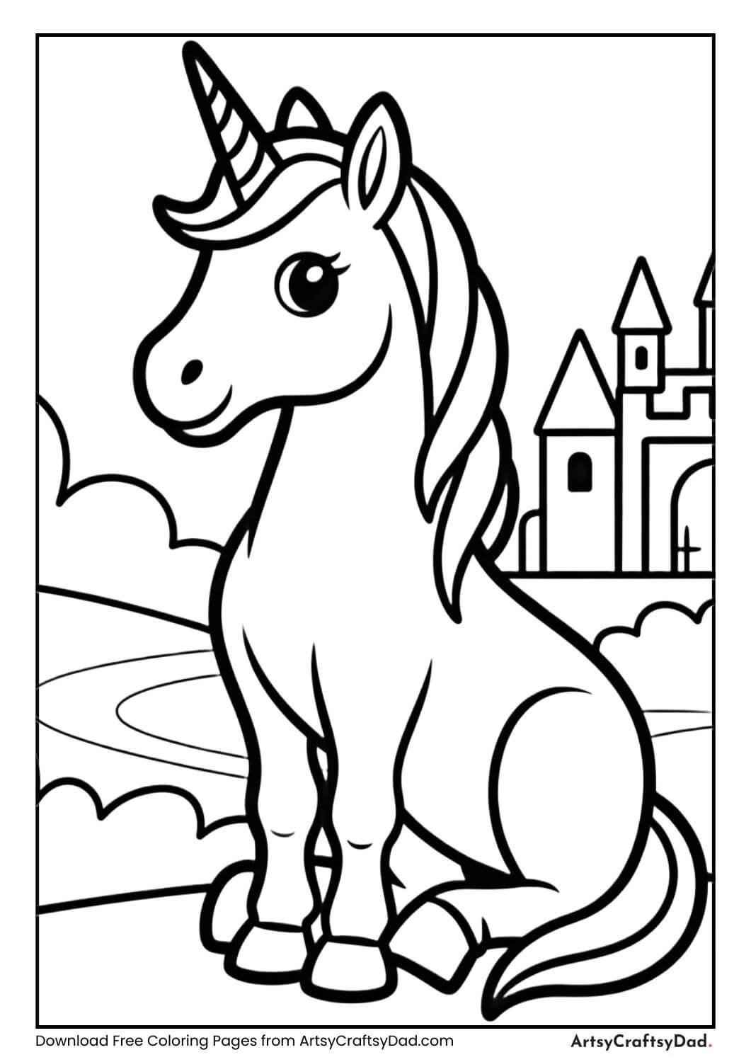 unicorn near fairytale castle coloring page