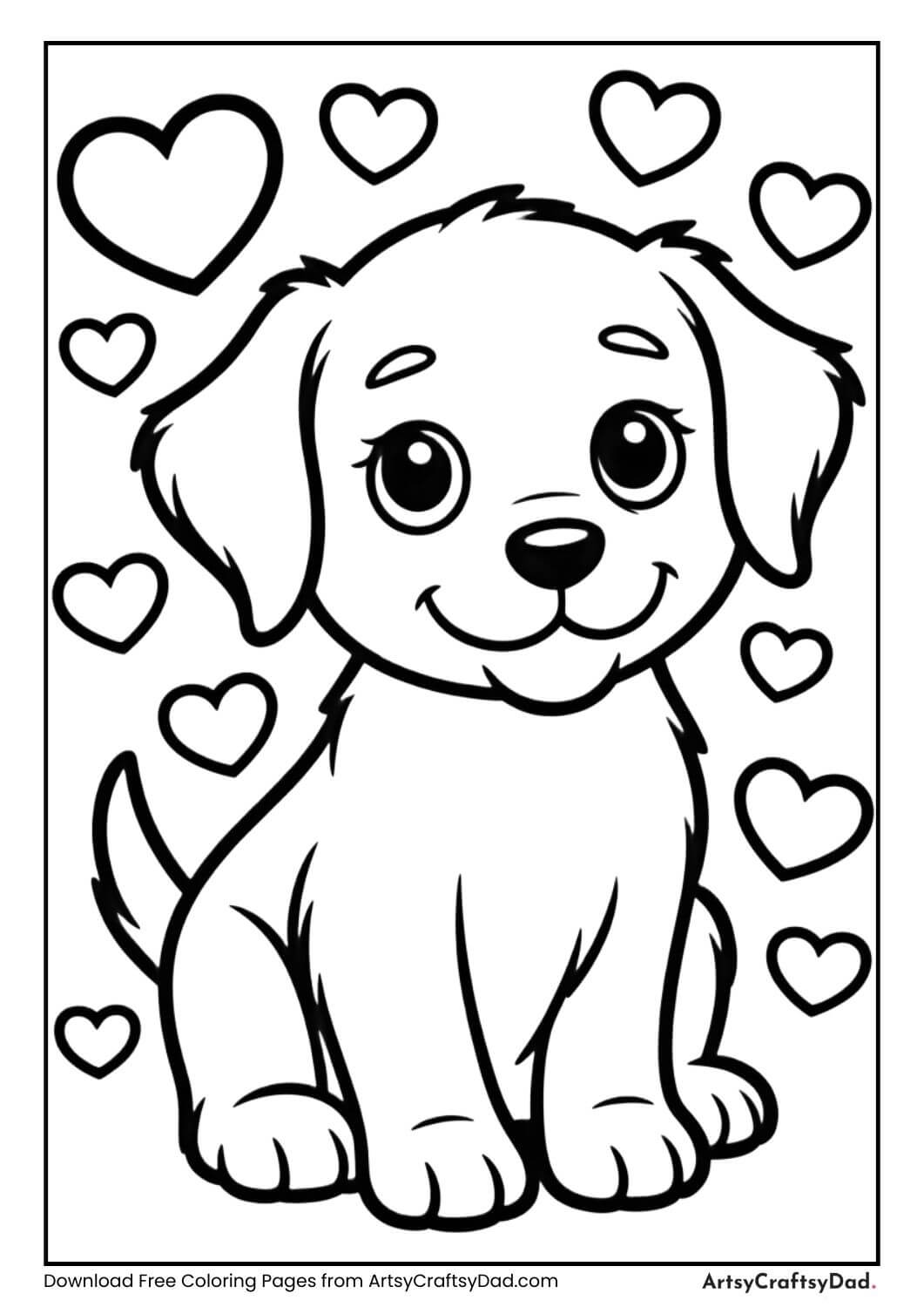 Cute puppy with hearts Valentine coloring page