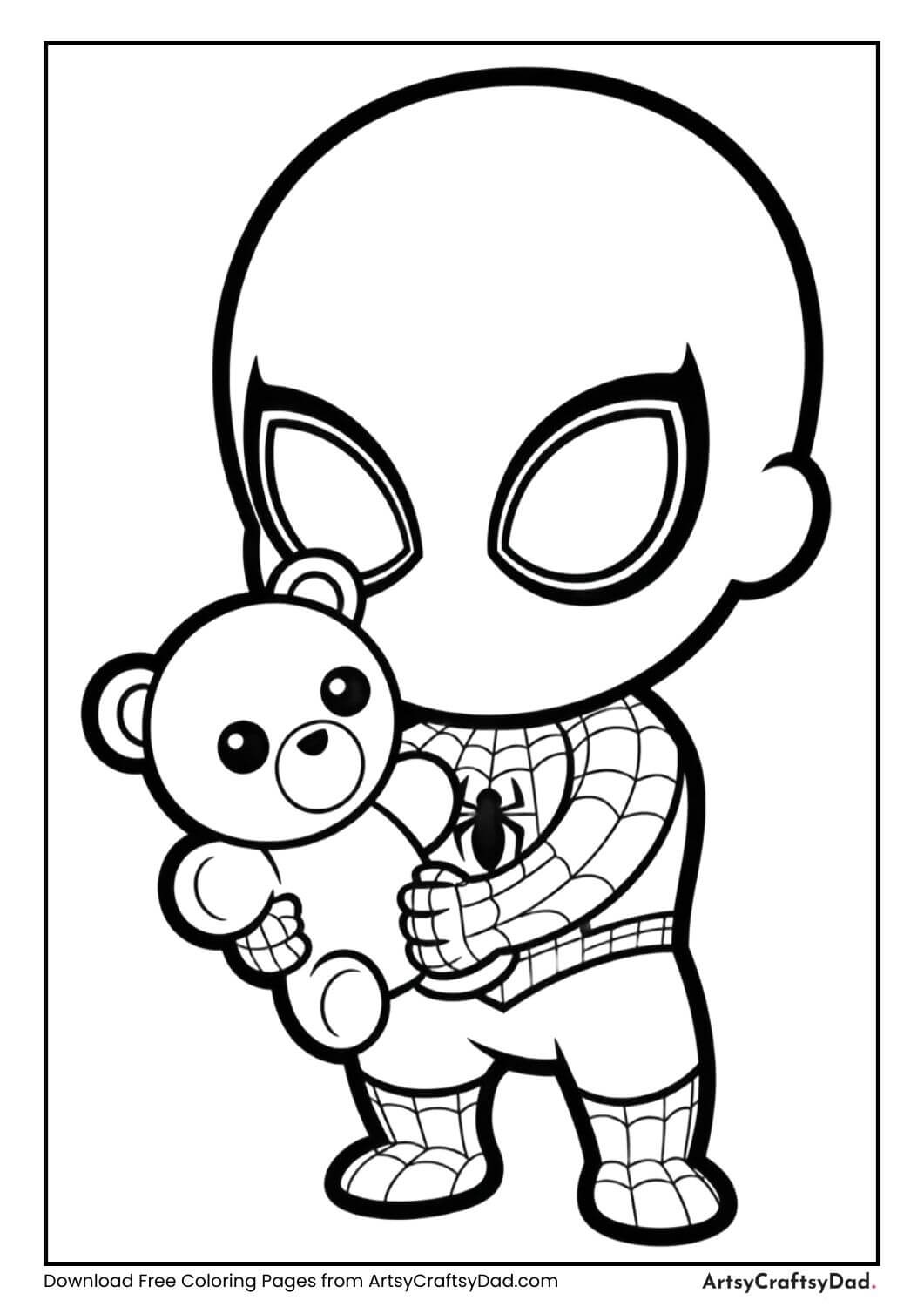 Baby Spiderman holding teddy bear coloring sheet