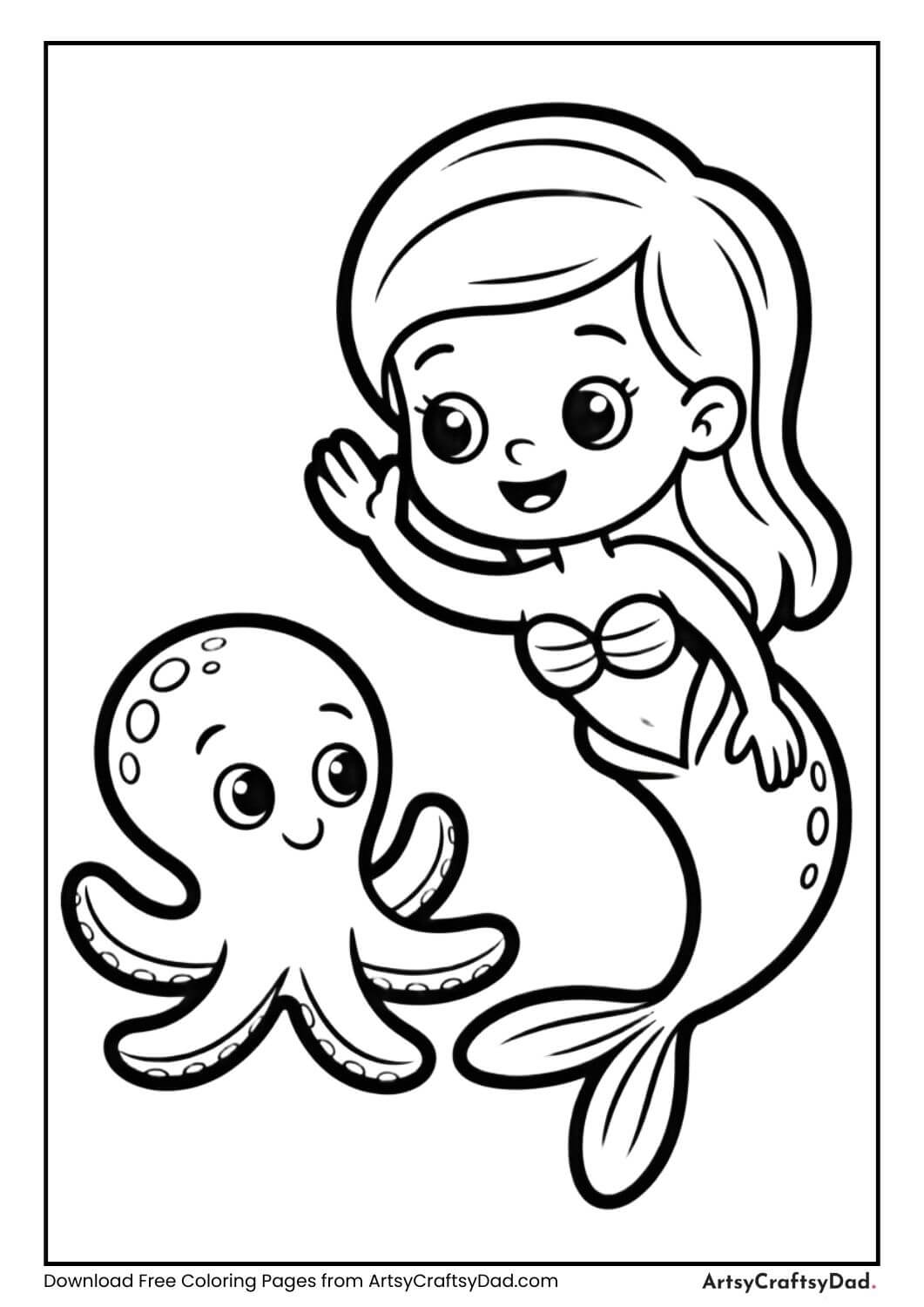 Mermaid waving to octopus underwater coloring page