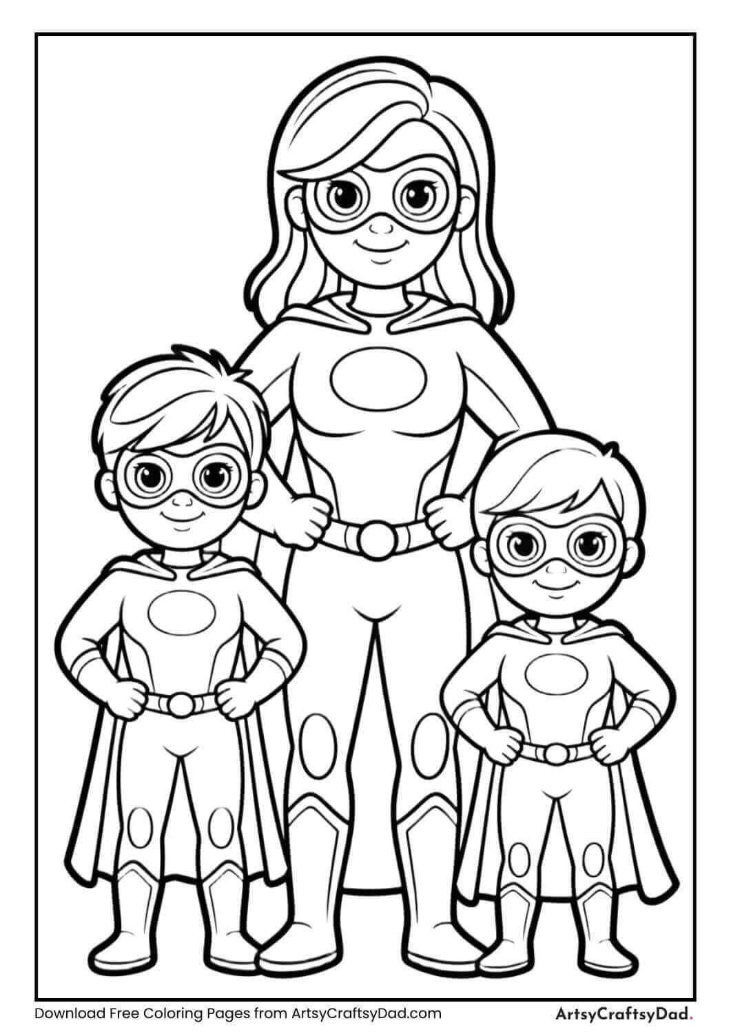 superhero family standing together coloring sheet